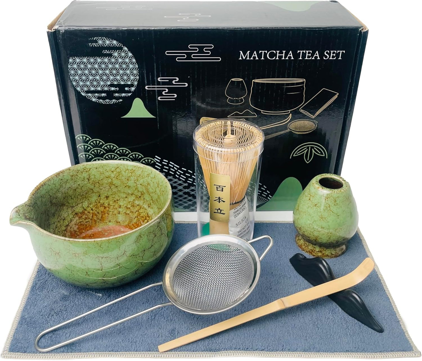Matcha Whisk Set (7pcs) - Matcha Set with Whisk,Pouring Spout Bowl,Chasen Holder,Powder Sifter,Bamboo Scoop with Stand,Tea Cloth,Perfect Tools Kit for Tea Ceremony (Matcha Green)