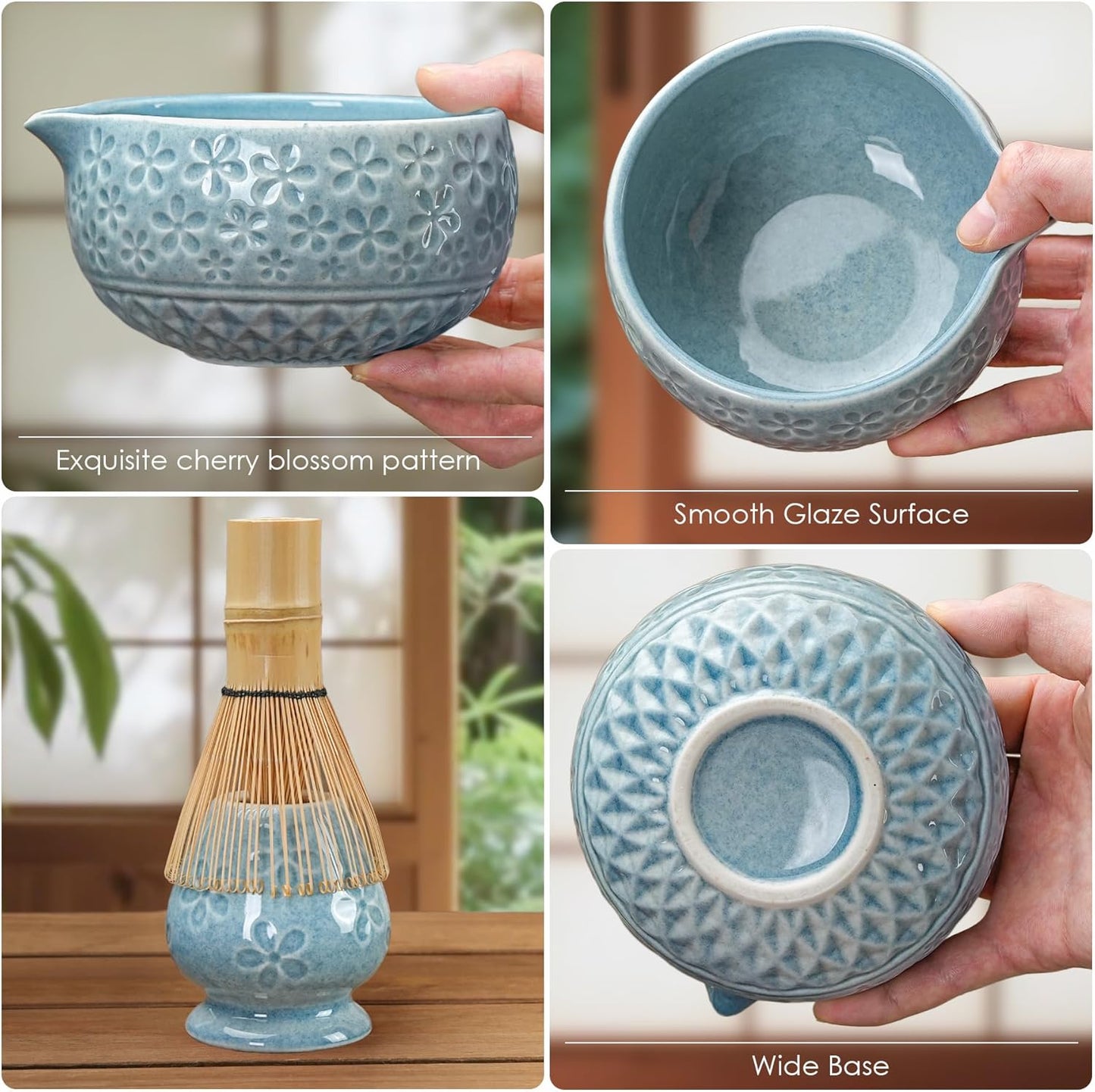 7Pcs Matcha Whisk Set, Ceramic Matcha Bowl with Spout,Bamboo Whisk and Holder, Bamboo Scoop,Scoop Rest,Sifter and Tea Towel,Matcha Kit w/Cherry Blossom Carved Pattern (Blue)