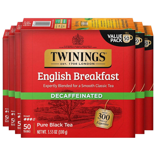 Twinings Decaffeinated English Breakfast Black Tea Bags, 50 Count (Pack of 6), Flavourful, Robust, Enjoy Hot or Iced, 300 Teabags