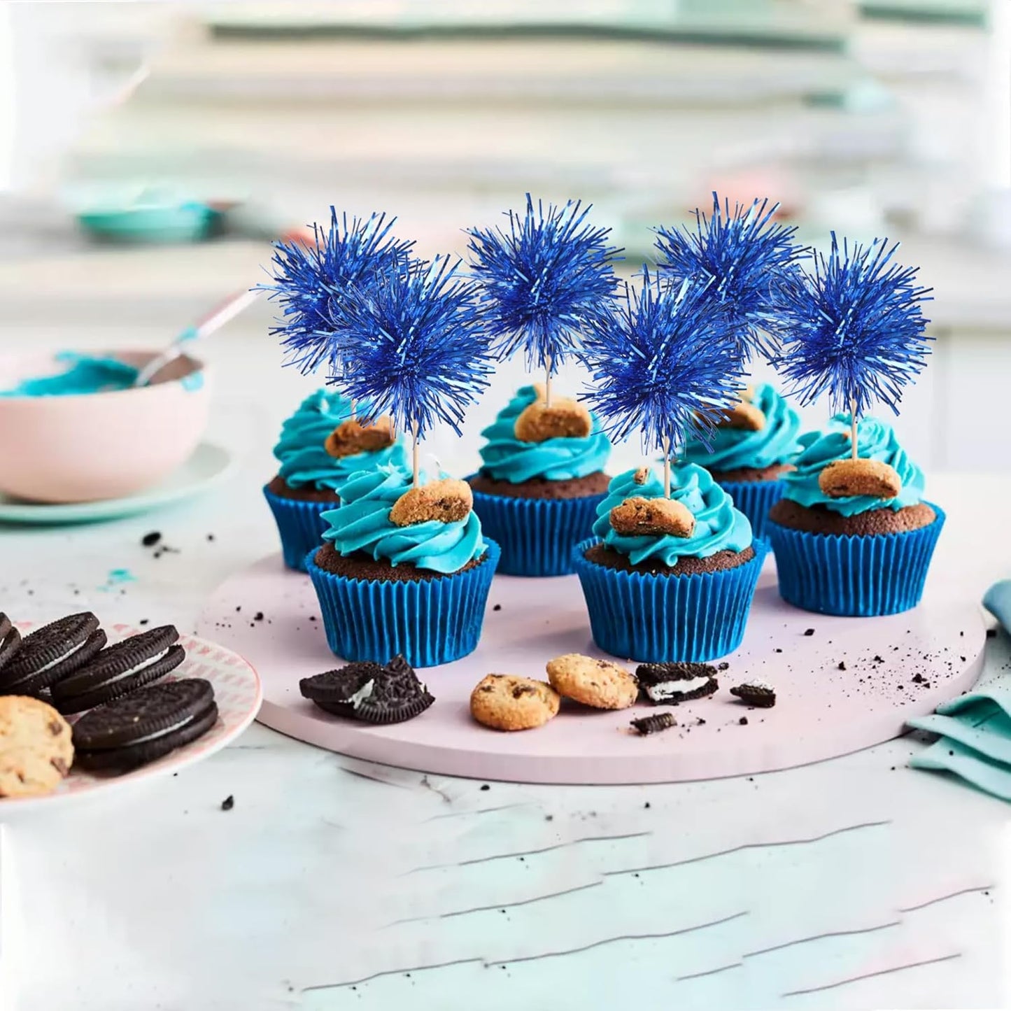 40 PCS Foil Firework Cupcake Toppers Sparkle Tinsel Cupcakae Picks Sparkler Fireworks Party Decorations Cocktail Fruit Toothpick for Birthday Wedding Graduation Party Decorations Supplies Dark Blue