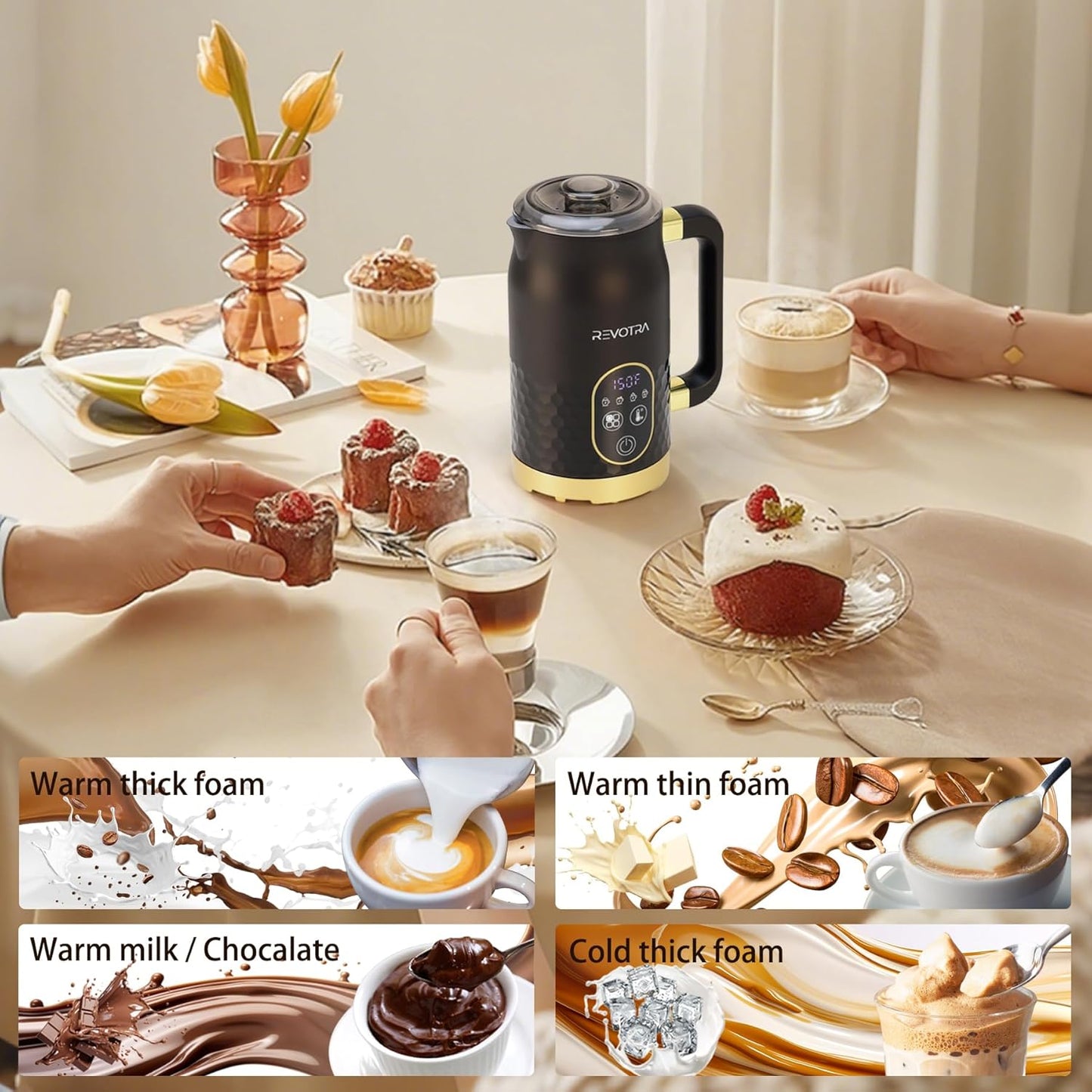 Milk Frother, 4-in-1 Electric Foam Maker with Touchscreen & Temp Display, Hot & Cold Milk Steamer with Non-Stick Coating, Silent Operation for Coffee, Latte, Cappuccino, Matcha, Hot Chocolate