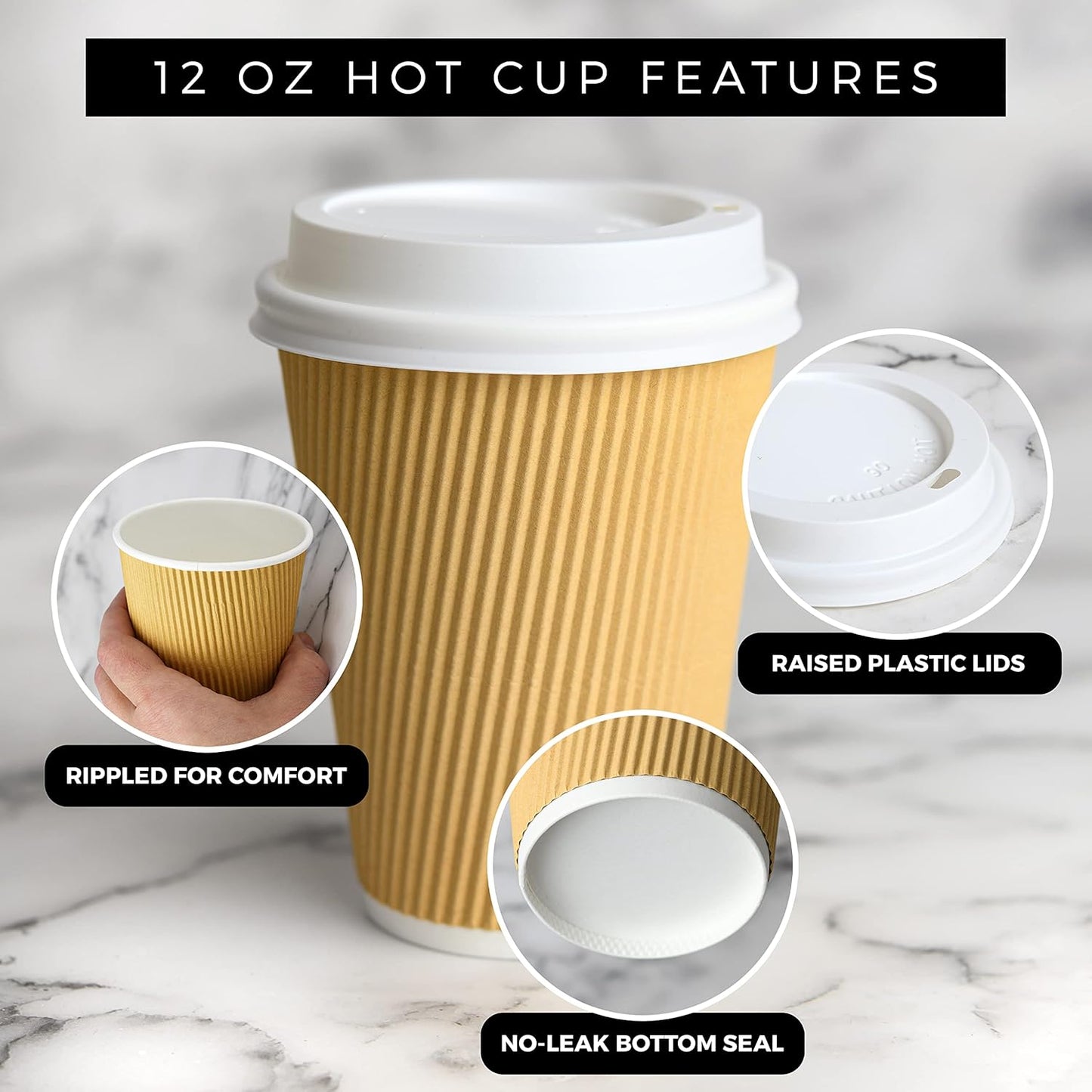 NYHI 100 12 oz Ripple Kraft Paper Cups Brown Hot Cold with Lids 3 Layer Rippled Small Insulated Disposable Coffee Cups for Cappuccino Hot Cocoa or Iced Drinks