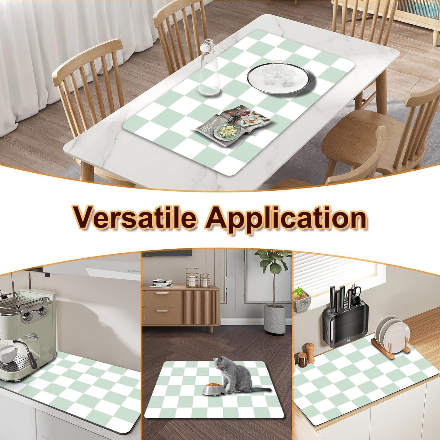 Dish Drying Mat for Kitchen, 15.7'' x 23.6'' Coffee Bar Mat for Countertops, Checkered Coffee Station Mats with Non-slip Rubber Backed, Absorbent Dish Dying Mat for Kitchen Counter, Green & White