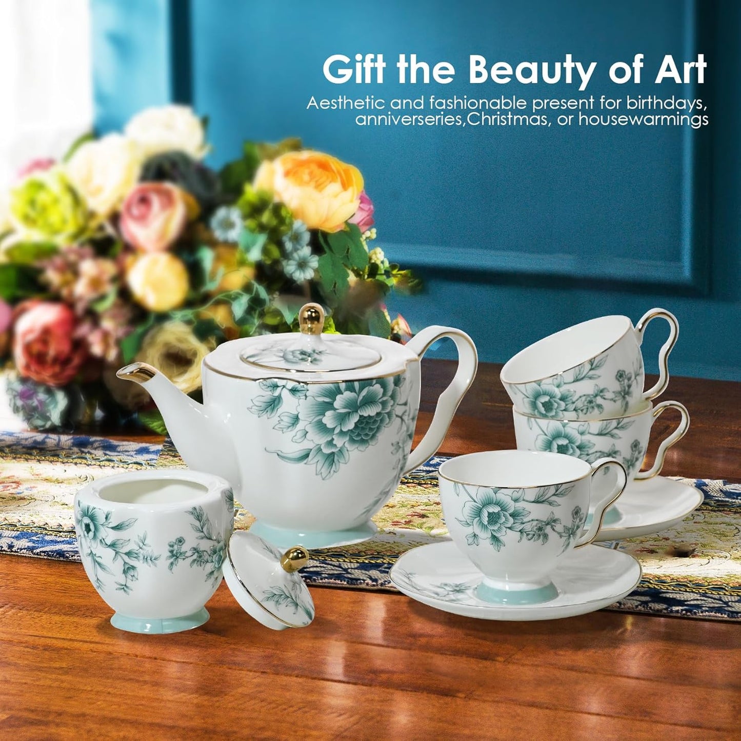 ACMLIFE Bone China Tea Cups and Saucers for 1, 6.8 oz Teacup Set for Adults, with Gold Trim and Gift Box, Blue and White Chinese English British Wedding Tea Set for One Coffee Cup Set (Blue-Leaf)