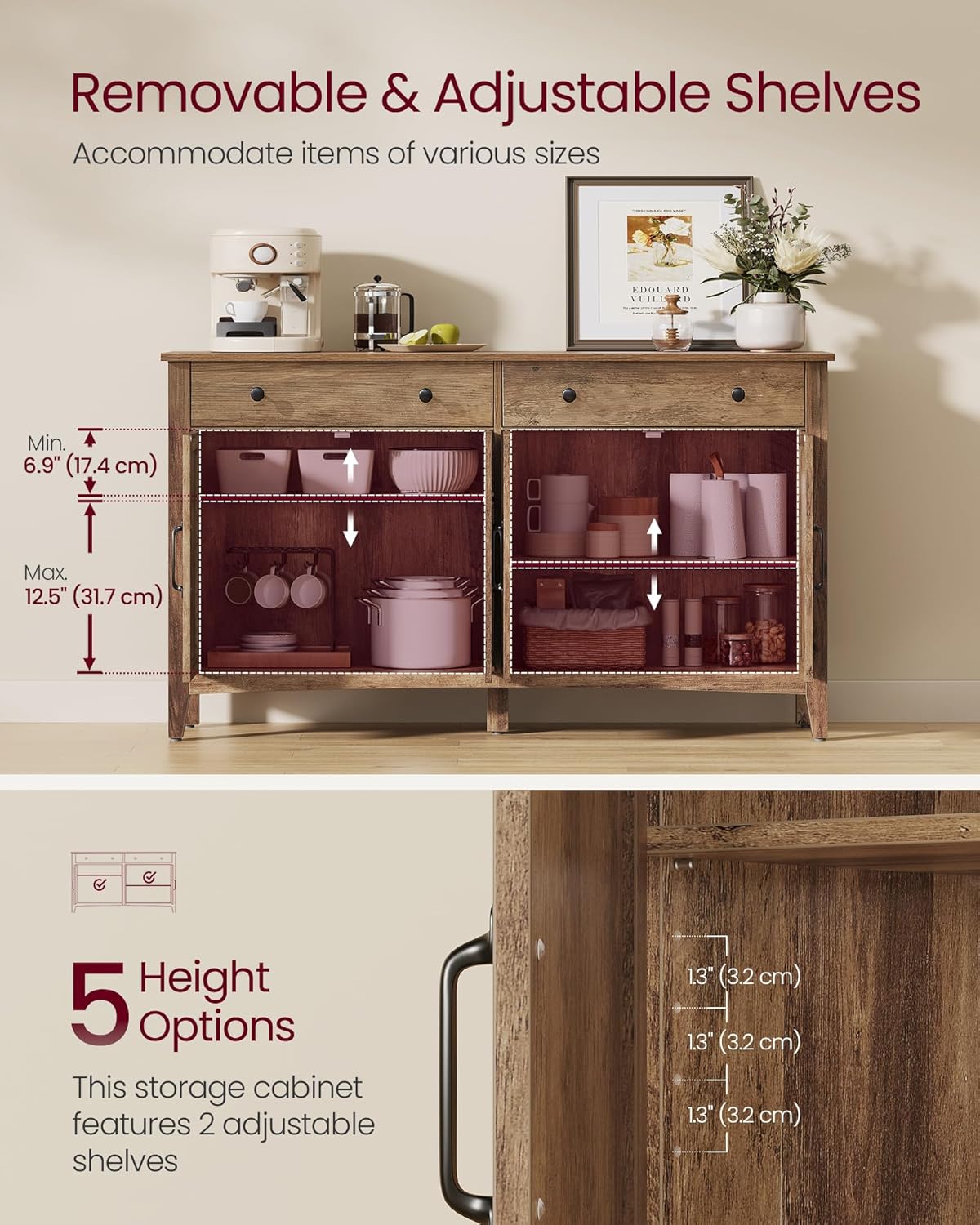 VASAGLE LIRY Collection - Buffet Cabinet, Coffee Bar Cabinet with 2 Drawers, Adjustable Shelves, Sideboard Storage with Cable Holes, Drawer Dividers, Honey Brown UBBK381K01