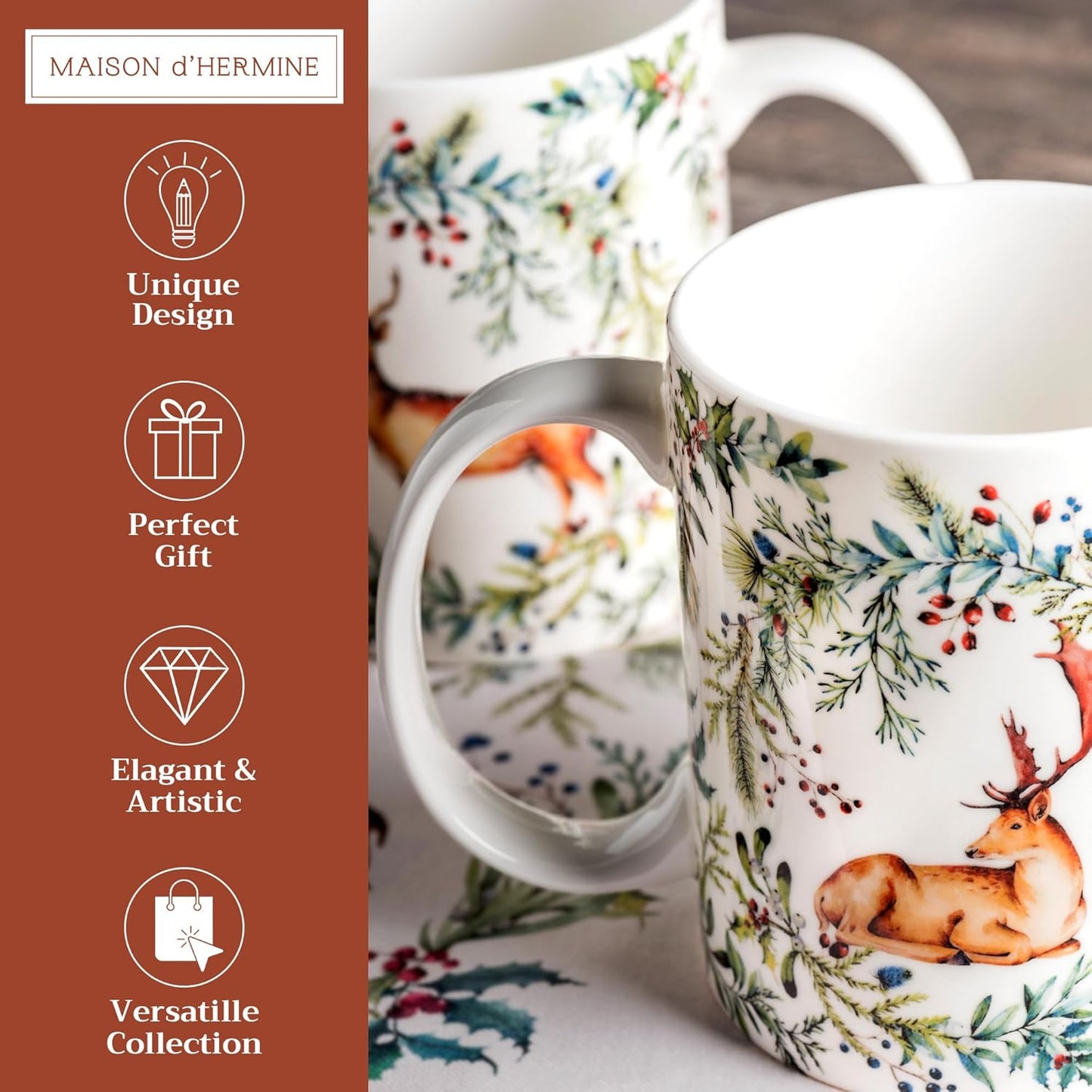 Maison d' Hermine Coffee Mug with Handles Fine Bone China Mugs Pack of Two Tea Cups for Hot Beverages Cappuccino Latte Home Restaurant Office Perfect for Gift (Holly Time, 15 Ounce)