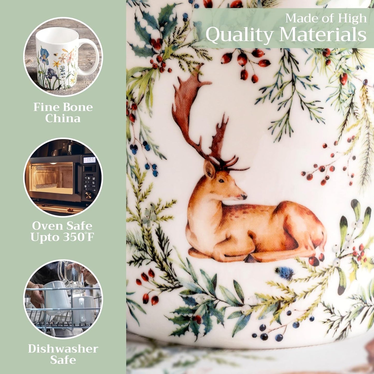 Maison d' Hermine Coffee Mug with Handles Fine Bone China Mugs Pack of One Tea Cups for Hot Beverages Cappuccino Latte Home Restaurant Office Perfect for Gift (Holly Time - Cerf, 15 Ounce)