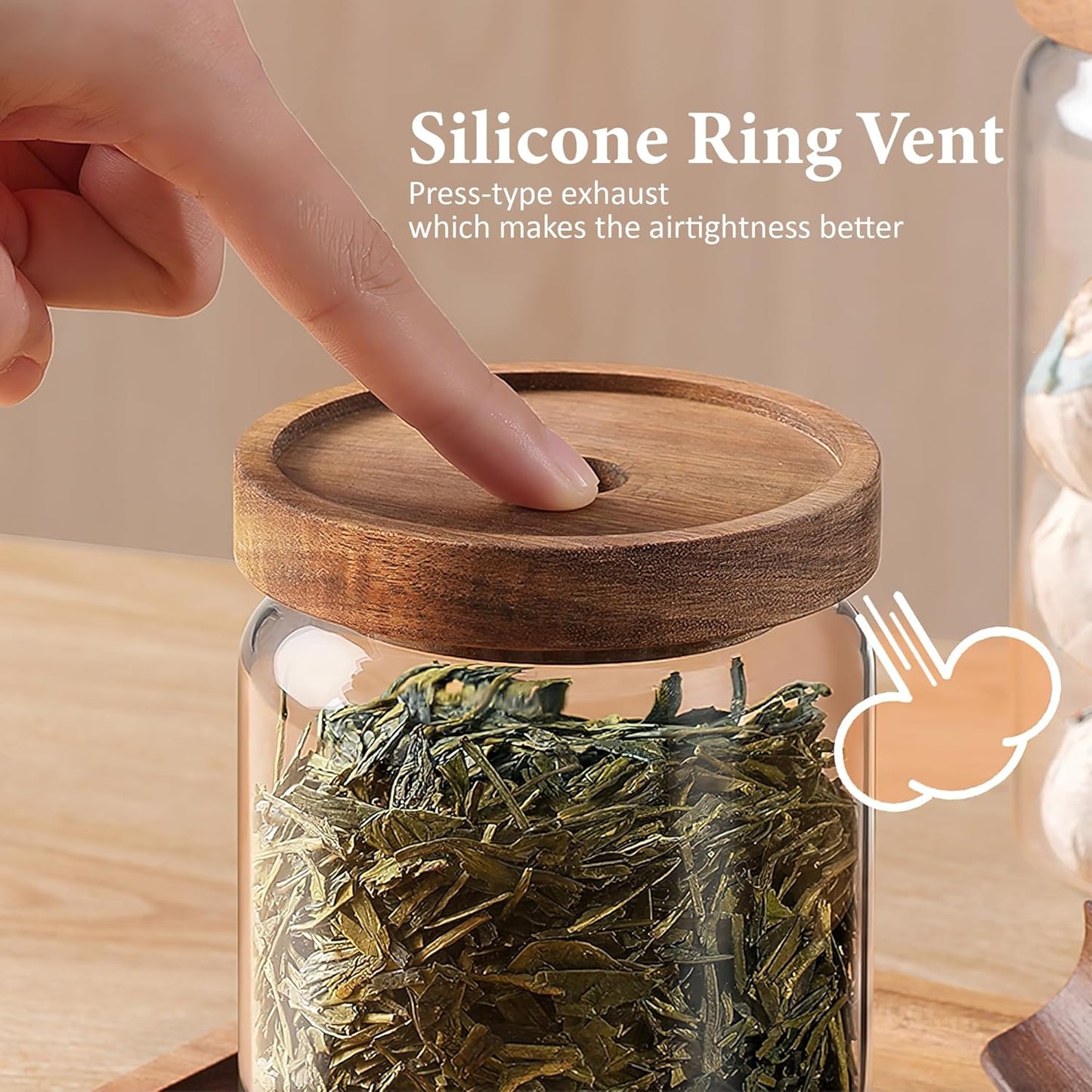 300ML/10Oz Clear Cute Glass Storage Canister Holder with Stackable Airtight Wood Lid, Modern Decorative Small Container Jar for Coffee, Spice, Candy, Salt, Cookie, Condiment, Pepper, Sugar