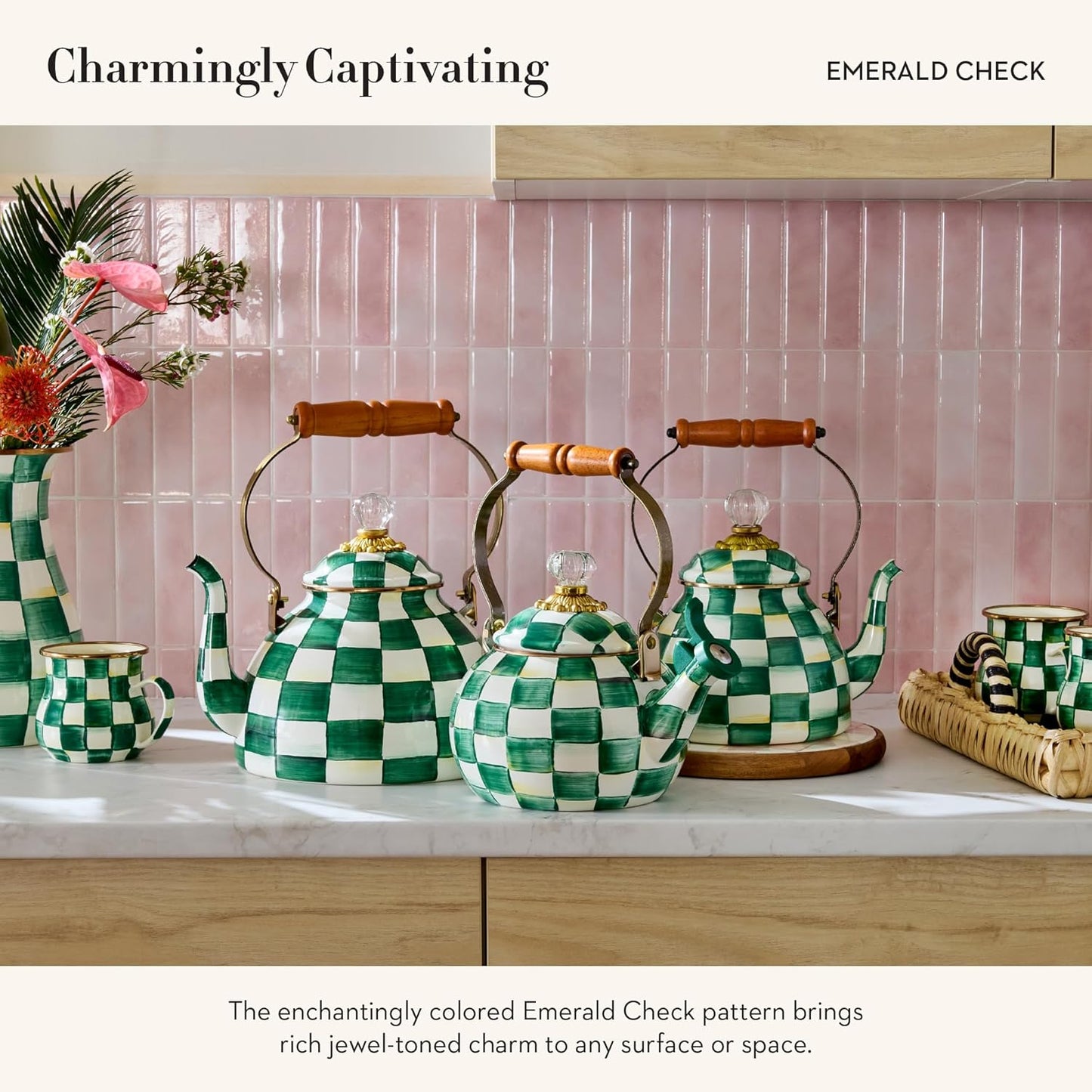 MACKENZIE-CHILDS Enamel Tea Kettle, Stylish Tea Kettle for Stovetop, Green-and-White Emerald Check, 3 Quarts