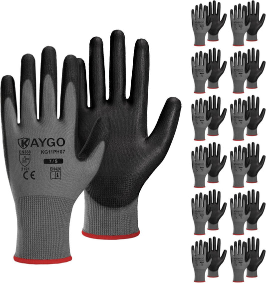 KAYGO Safety Work Gloves PU Coated-12 Pairs KG11PB Seamless Knit Glove with Polyurethane Coated Smooth Grip on Palm & Fingers for Men and Women (Small, Gray)