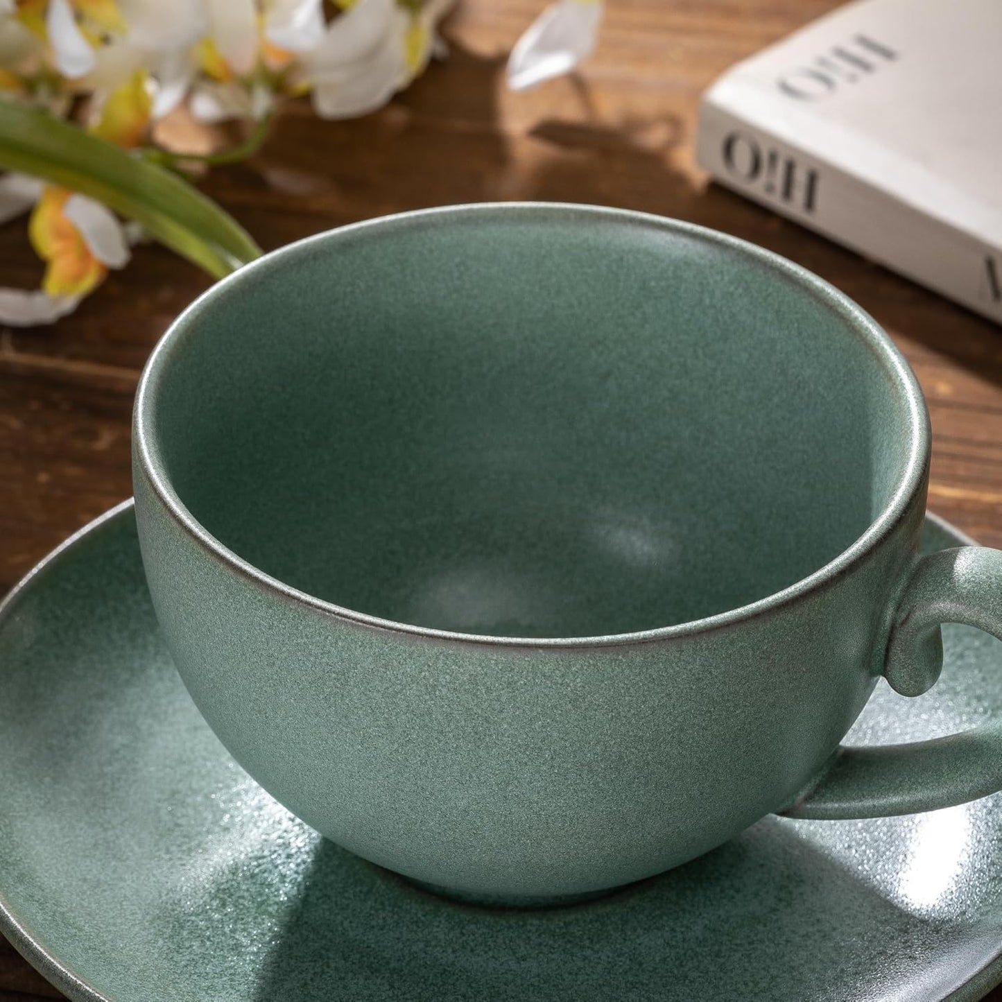 Cup and Saucer Set Turquoise Ceramic Cappuccino Mug Set of 1-10 oz Microwave and Dishwasher Safe, Perfect For Tea, Espresso, Latte - Porcelain Mugs for Kitchen or Cafe