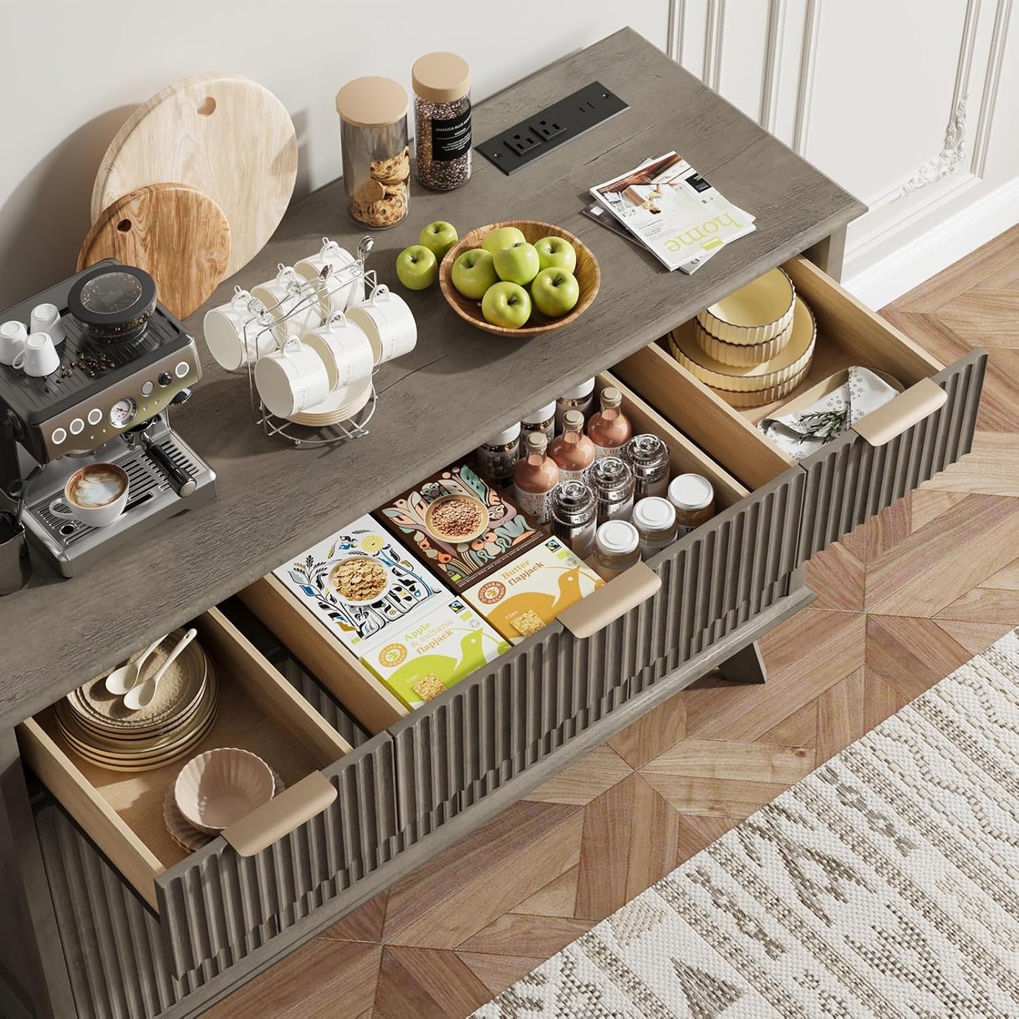 QUW Fluted Sideboard Buffet Cabinet with Charging Station, 47.2" Kitchen Storage Cabinet with Drawers and Adjustable Shelves, Modern Coffee Bar Kitchen Table for Dining Room, Living Room, Grey