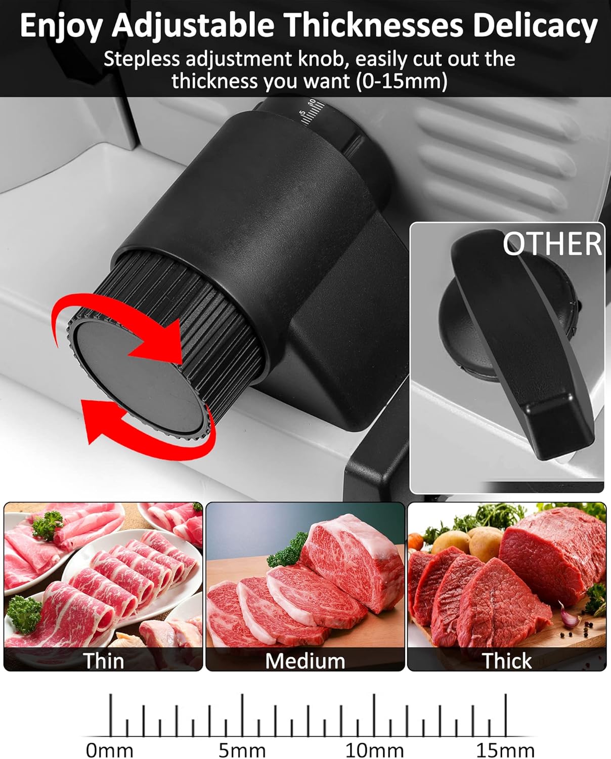 Meat Slicer, 200W Electric Deli Food Slicer with 2 Removable 7.5'' Stainless Steel Blades and Tray, Adjustable Thickness for home use,Child Lock Protection,Easy to Clean,Cuts Meat, Bread and Cheese