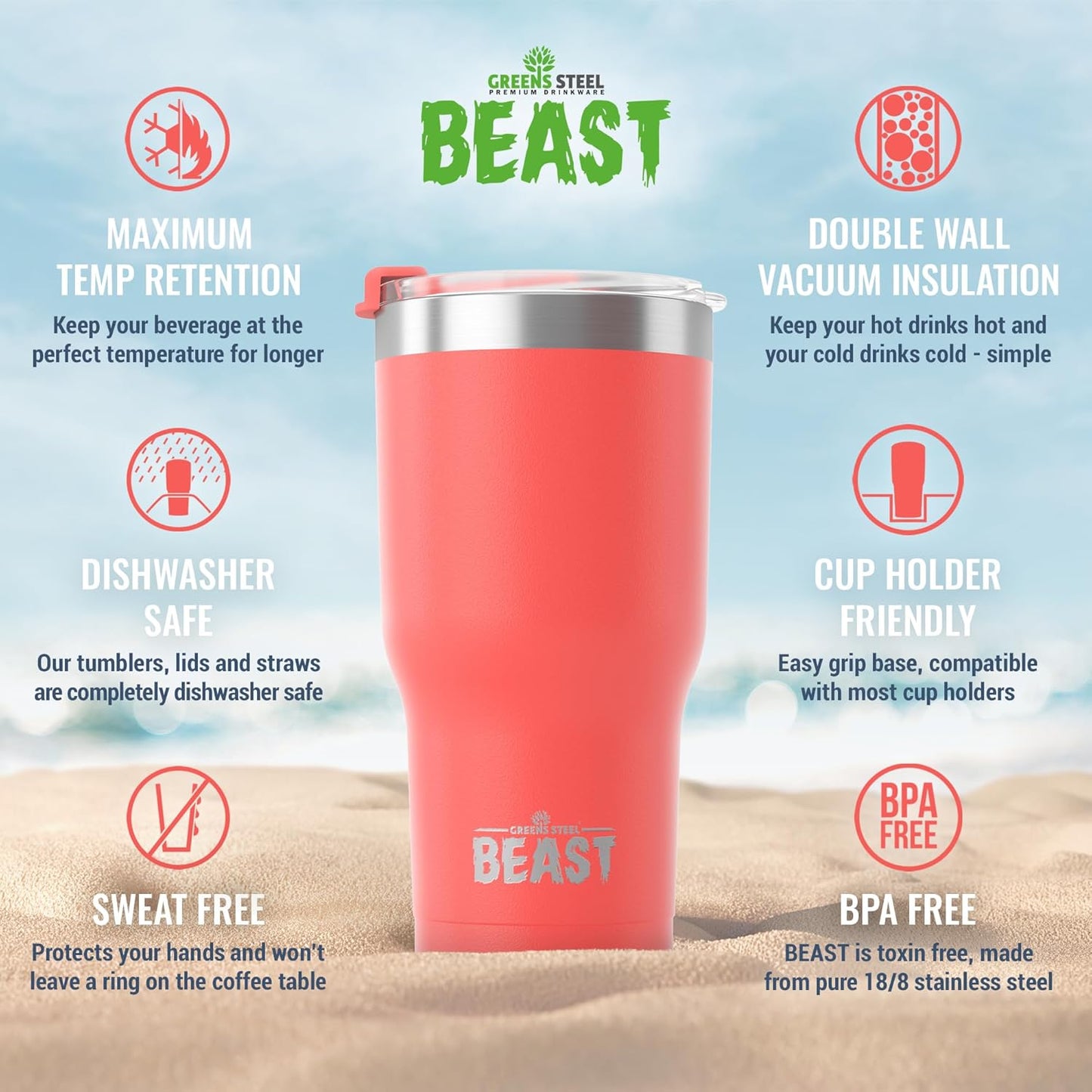 Beast 30 oz Tumbler Stainless Steel Vacuum Insulated Coffee Ice Cup Double Wall Travel Flask (Coral Pink)