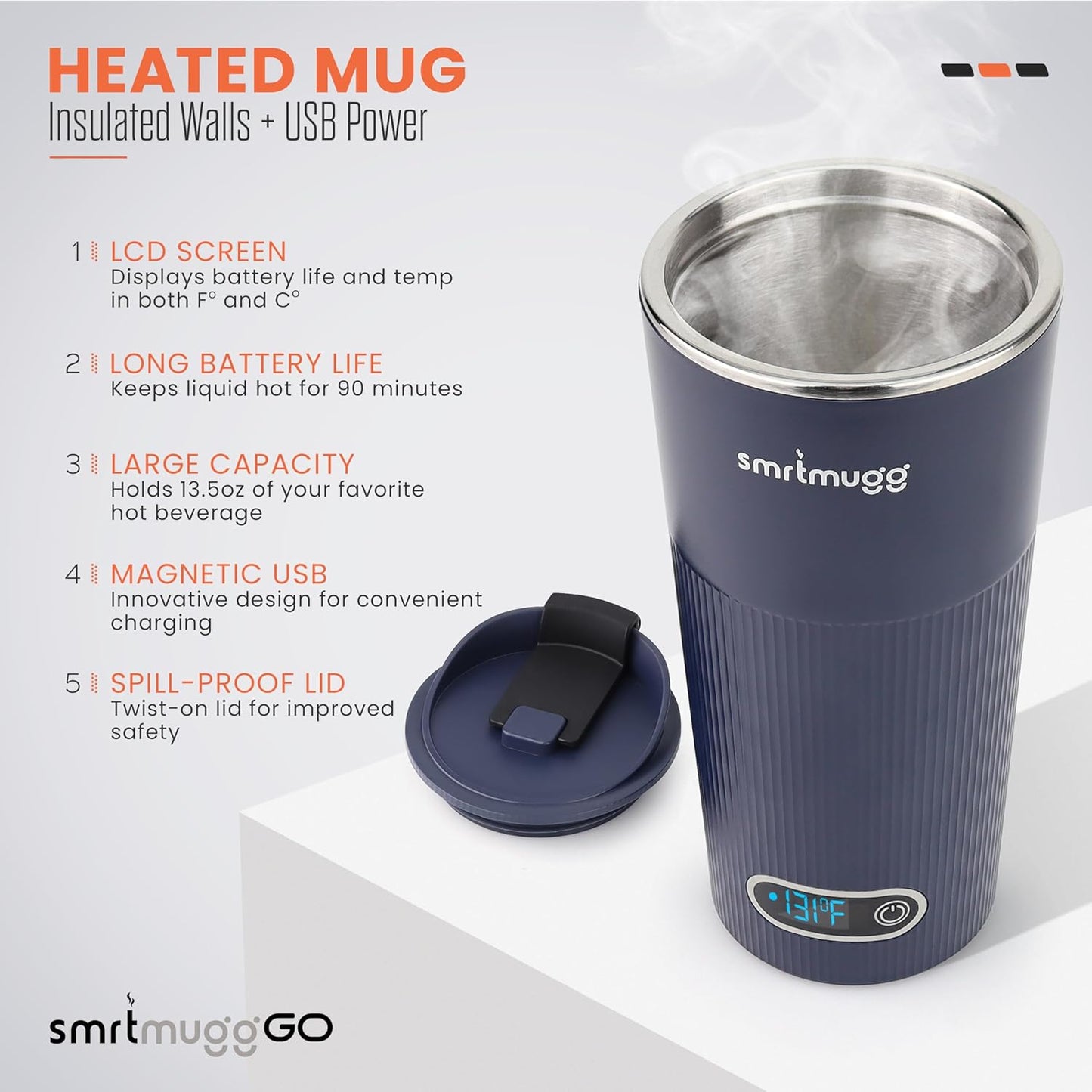 GO Heated Coffee Mug, Travel Mug, 13.5 OZ. Smart Mug, Battery Powered Heated Coffee Mug, Great for Coffee and Tea, Snap on Magnetic Charging Cord, New and Improved (Navy Blue)