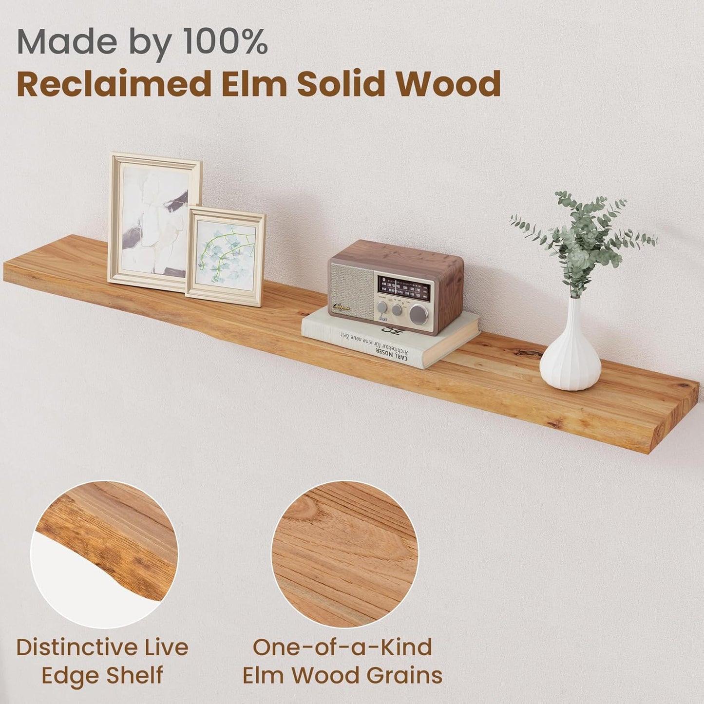 Floating Shelves for Wall Decor, Rustic Solid Elm Wood Live Edge Floating Shelves Wall Mounted, Wall Shelves with Invisible Bracket for Living Room Bathroom Bedroom Kitchen, 48 Inch, Natural