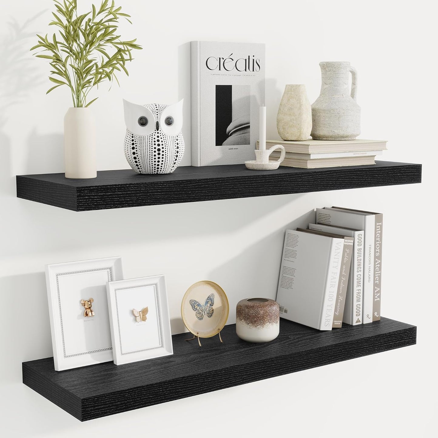 Fun Memories Floating Shelves for Wall, 32 Inch Rustic Wood Wall Mounted Shelves for Bathroom, Bedroom, Kitchen, Living Room, Deep Floating Shelves for Storage & Home Decor (Black, Set of 2)