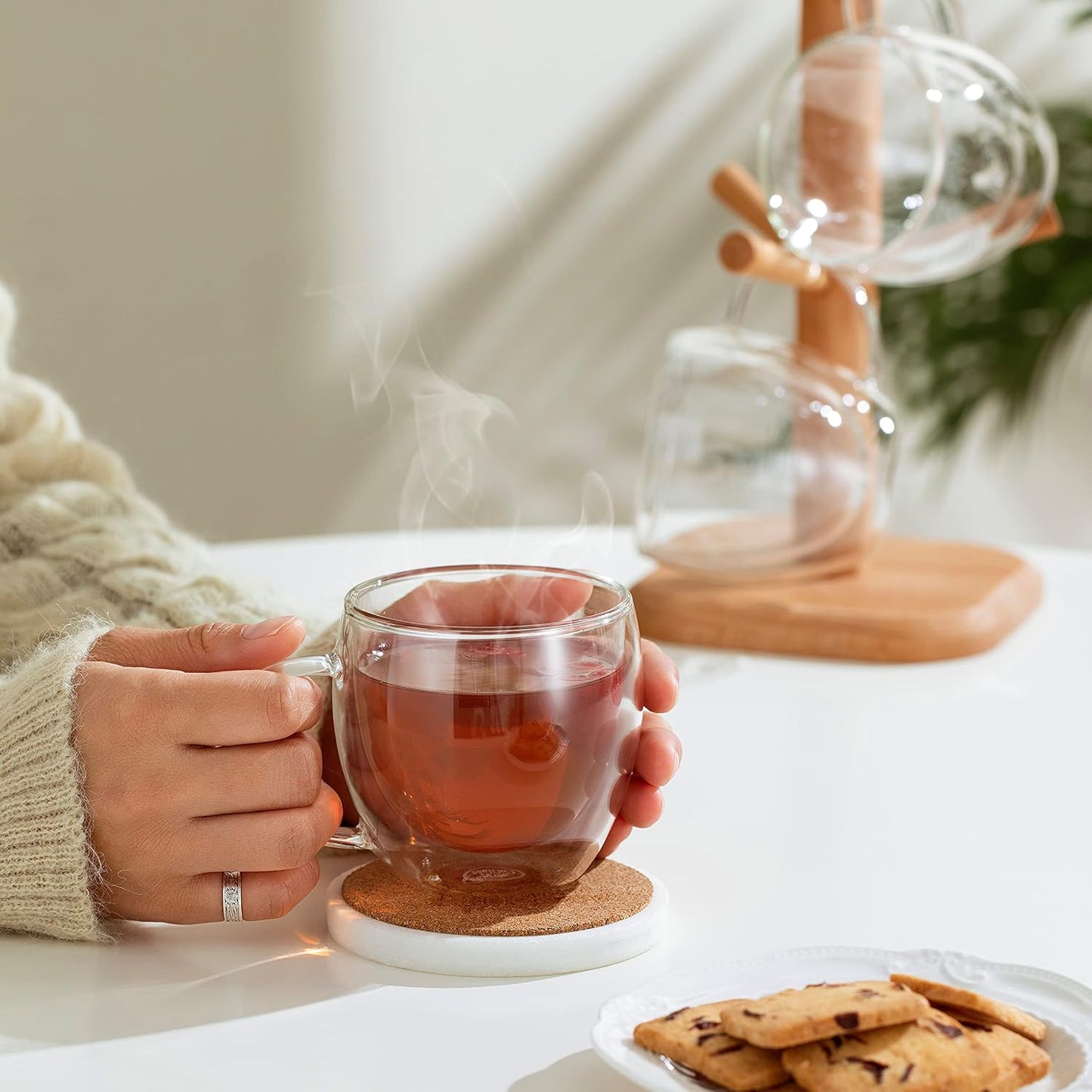 CNGLASS Double Wall Glass Coffee Mugs with Handle,8.5oz Clear Insulated Glass Espresso Cups for Hot and Cold Beverages,Latte,Cappuccino,Set of 2