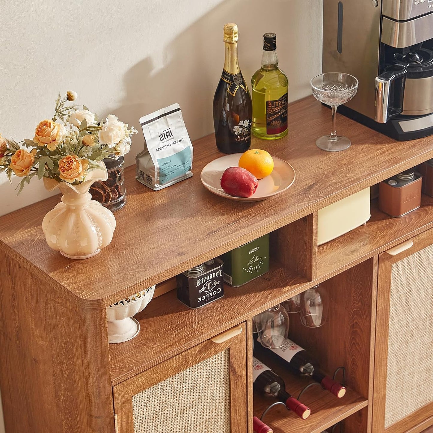 Lerliuo 47.2" Rattan Wine & Liquor Cabinet with 2 Doors, Boho Farmhouse Coffee Bar Station, Built-in Wine Racks & Storage, Adjustable Shelves for Living Room, Dining Room, Kitchen, Tea Brown