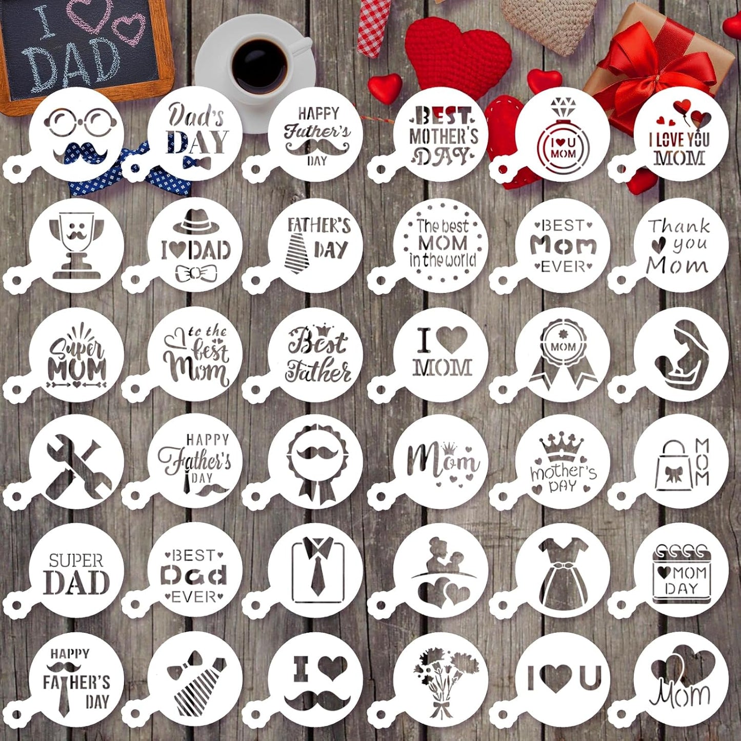 JULBEAR 36 Pieces Reusable Mother's Day Father's Day Cookie Cake Stencils Templates Mold Tools for Mother's Father's Day Birthday Wedding Party Royal Icing Cake Coffee Dessert Decoration Supplies