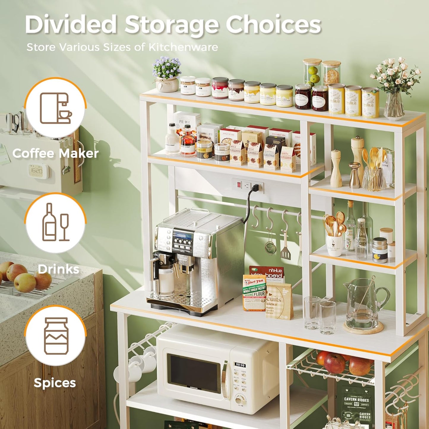 SUPERJARE Large Bakers Rack with Power Outlets, 6-Tier Microwave Stand, Coffee Bar with 12 S-Shaped Hooks, Kitchen Shelf with Wire Basket, 39.3 x 15.5 x 66.9 Inches, White