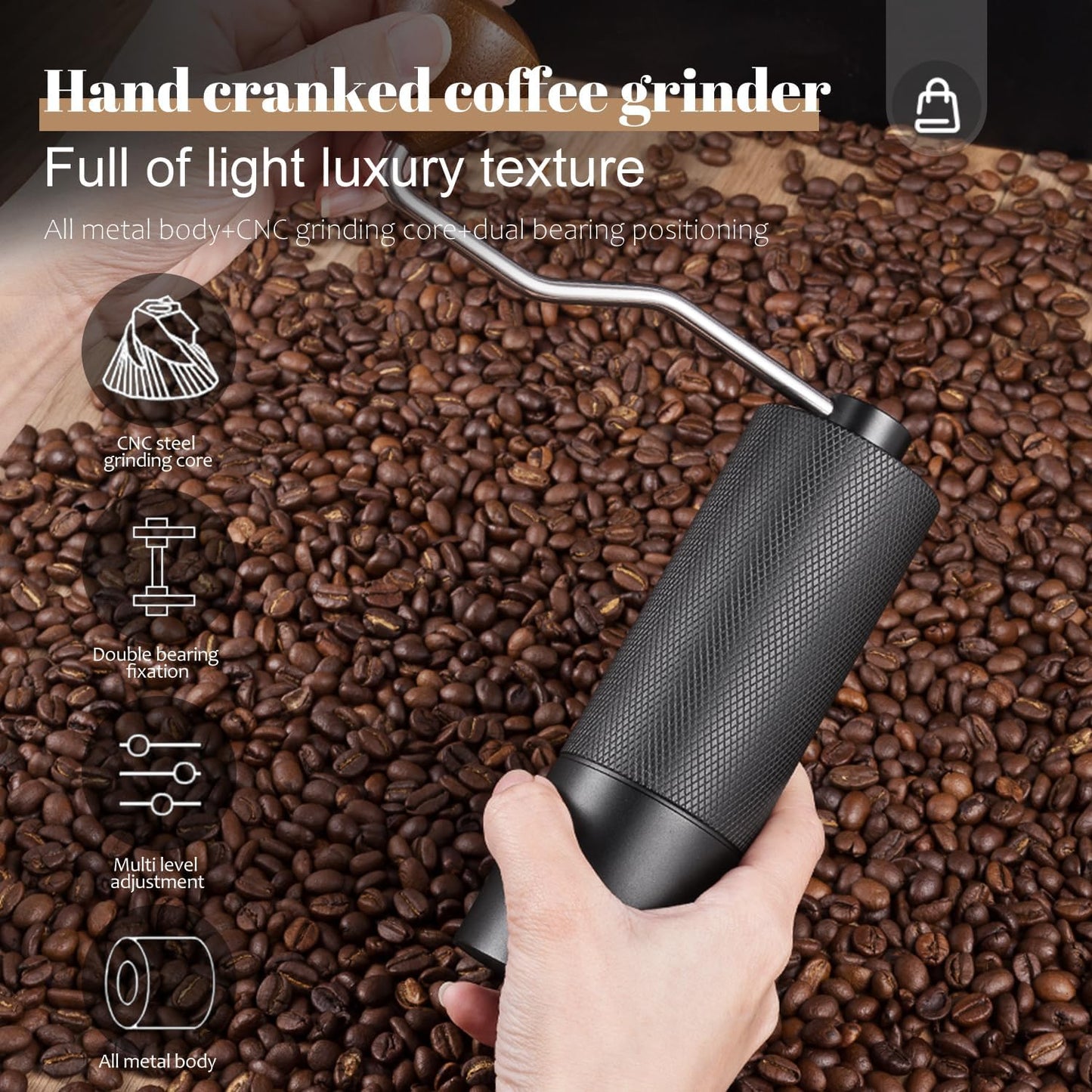 Generic Manual coffee grinder Capacity 25 grams, stainless steel tapered burrs - wooden handle - adjustable internal settings, dual bearing positioning, MCG2401, Black