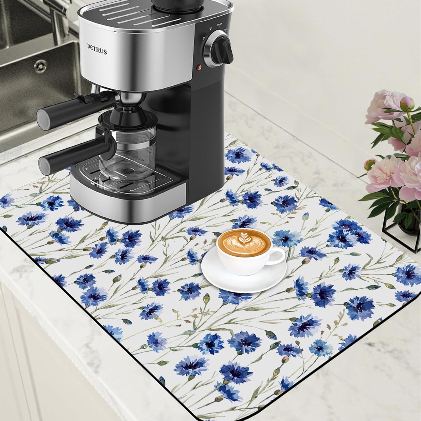 Watercolor Blue Cornflower Dish Drying Mat for Kitchen Counter Floral Coffee Bar Mat Hide Stain Absorbent Rubber Backed Drying Rack Pad Espresso Machine Coffee Bar Accessories 15.7 x 23.6 Inch