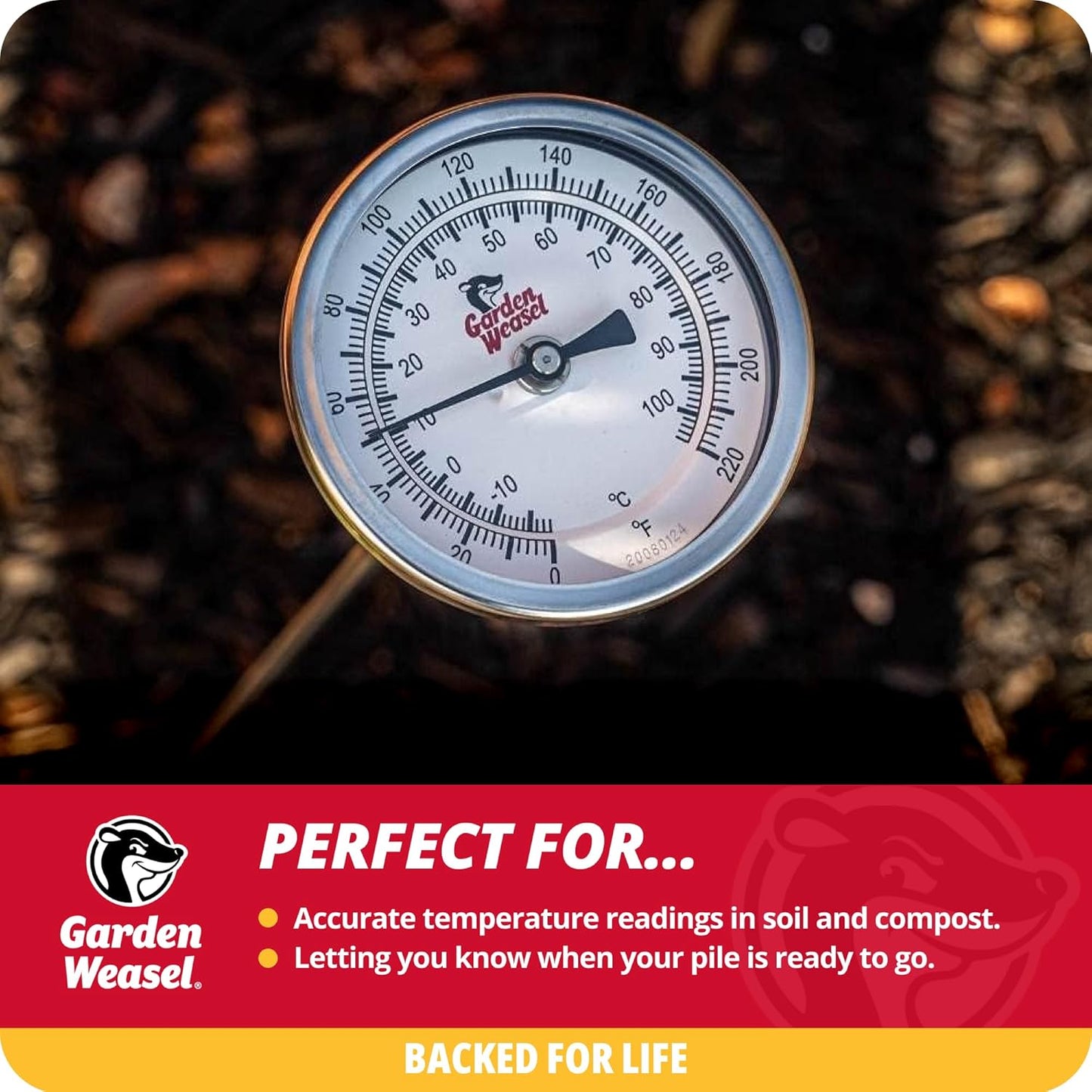 Garden Weasel Analog Soil & Composting Dial Thermometer - 36-Inch Probe | Measures 0 to 220 Degrees Fahrenheit | Soil Temperature, Worm Compost | 98001-A