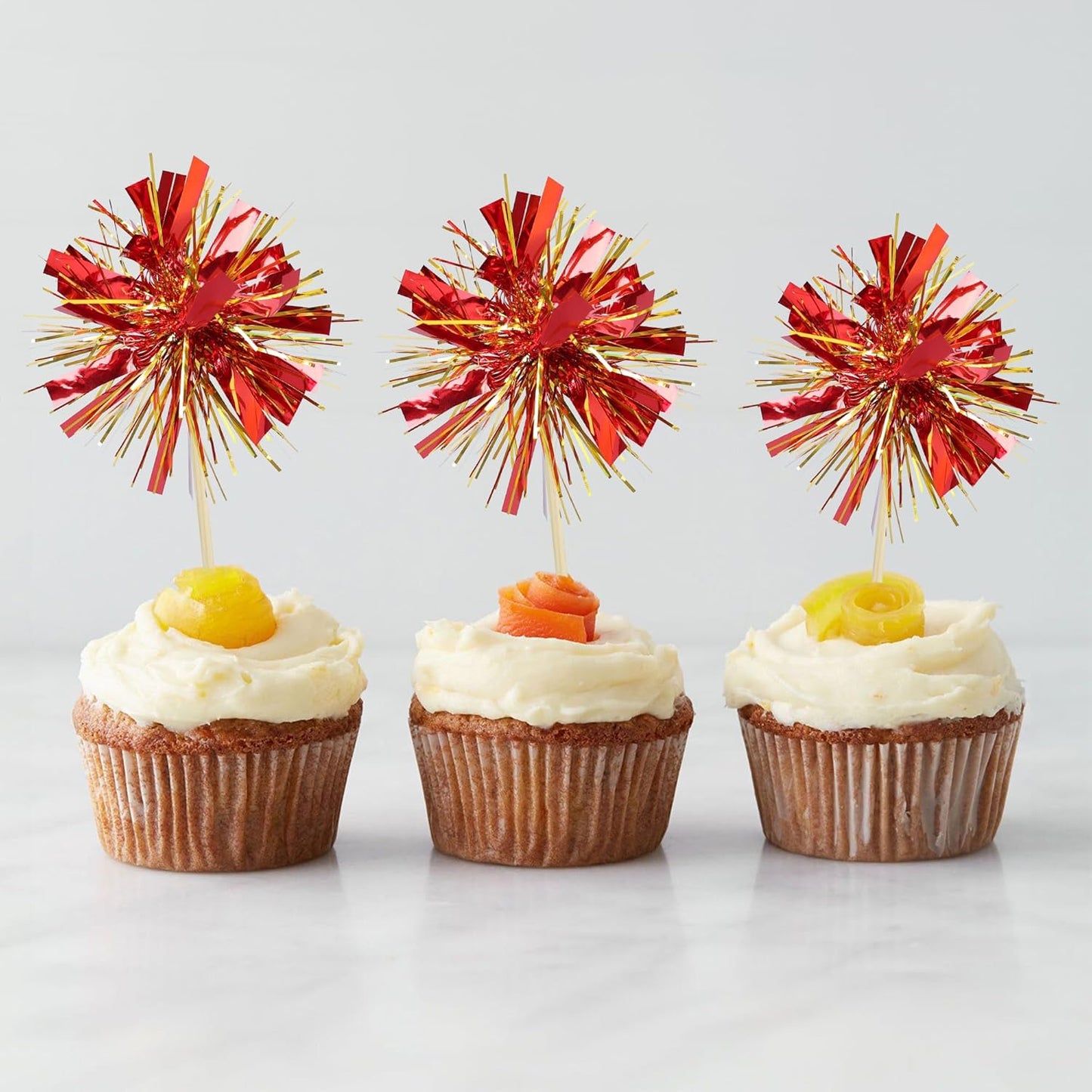 Gyufise 20Pcs Foil Firework Cupcake Toppers Sparkle Tinsel Cake Toppers Tinsel Drink Cake Decoration Cocktail Picks for Birthday Wedding Graduation Party Supplies Gold Red