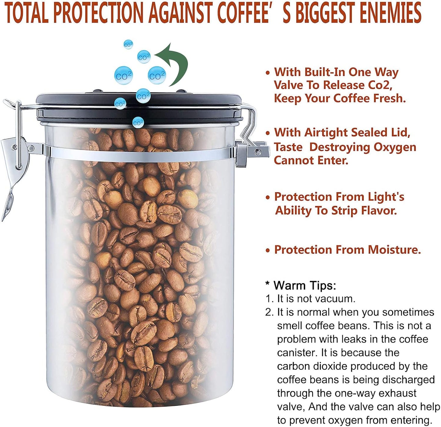 Airtight Coffee Bean Storage - with Co2 Valve Vacuum Sealed Coffee Container with Scoop For Beans Grounds Large Blue 21oz