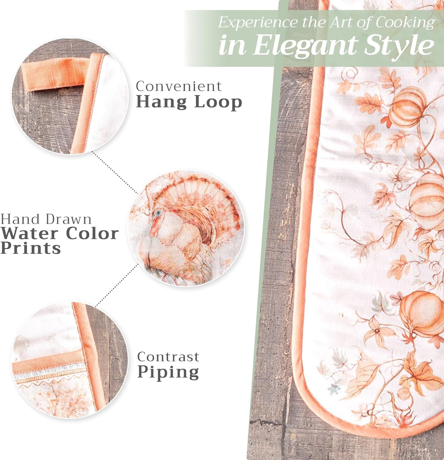 Maison d' Hermine Double Oven Mitts 100% Cotton 7"x35" Double Oven Mitt Heat Resistant BBQ Cooking Gloves with Loop, Baking, Grilling, Home, Kitchen, Handling Hot Pans (Giving Thanks)