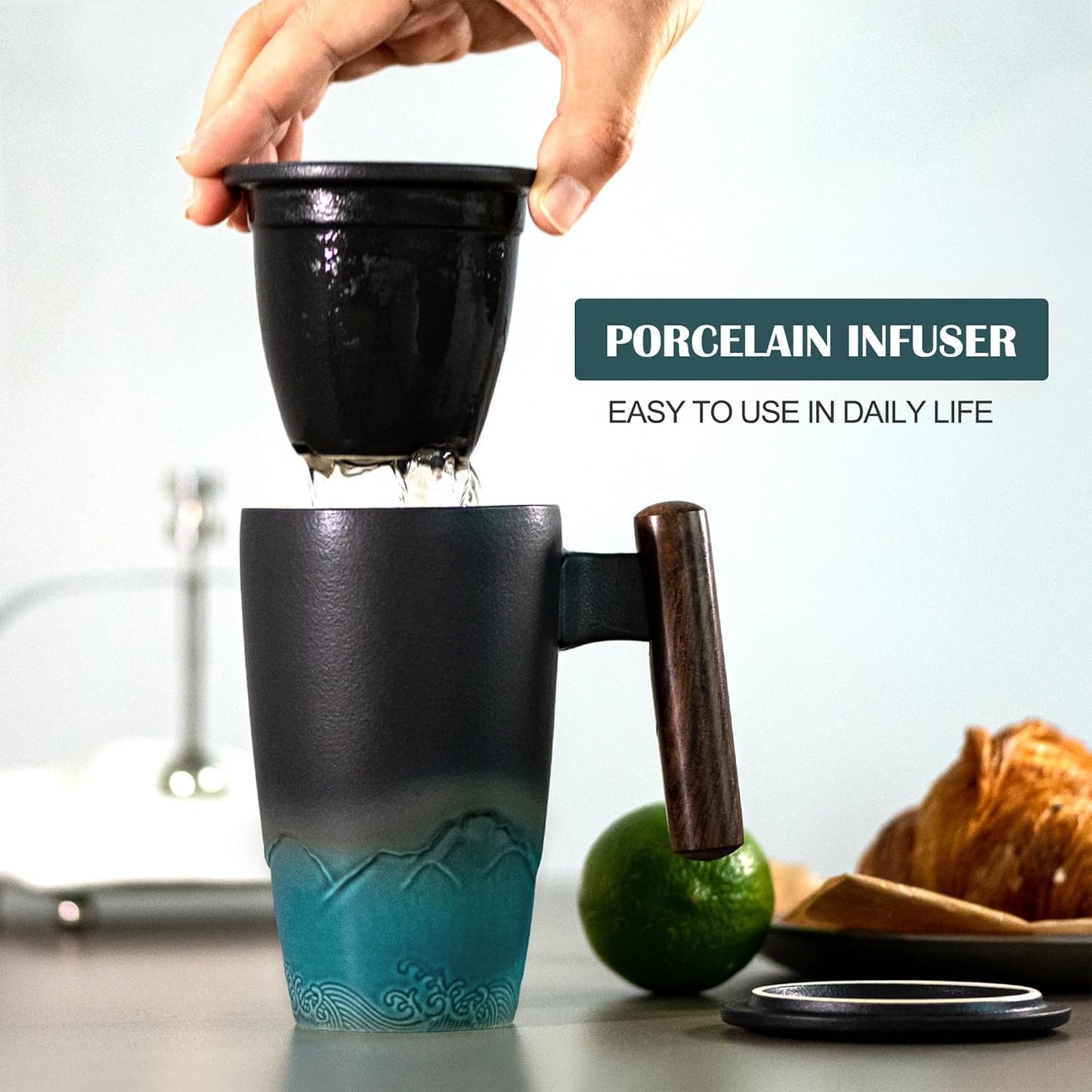 suyika Ceramic Tea Cup with Infuser and Lid Tea Mugs Wooden Handle 400ml/13.5oz Dark Green