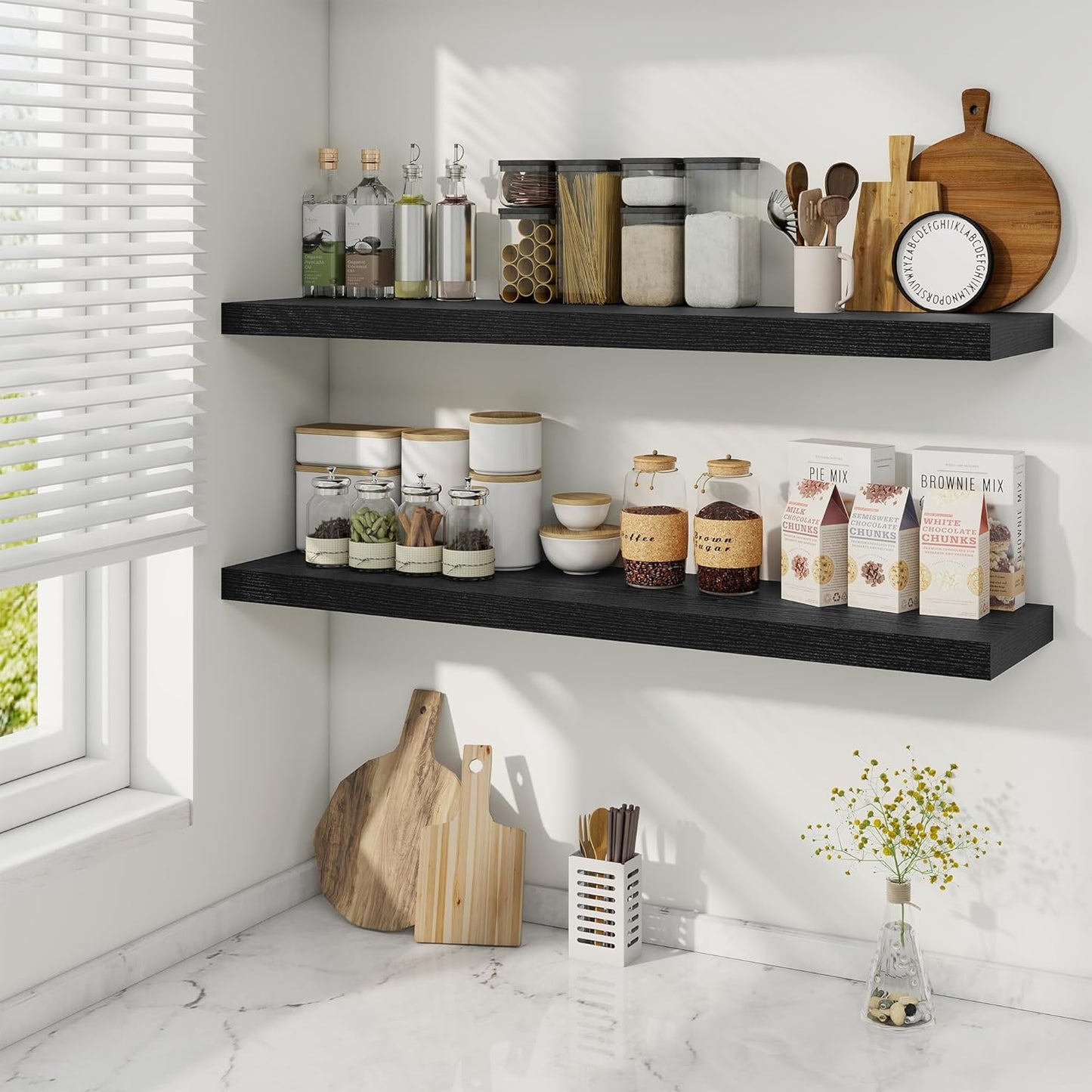 Fun Memories 40" Rustic Wood Floating Shelves with Invisible Brackets for Storage & Decor, Deep Wall Mounted Shelves for Bathroom, Kitchen, Living Room (Black, Set of 2)