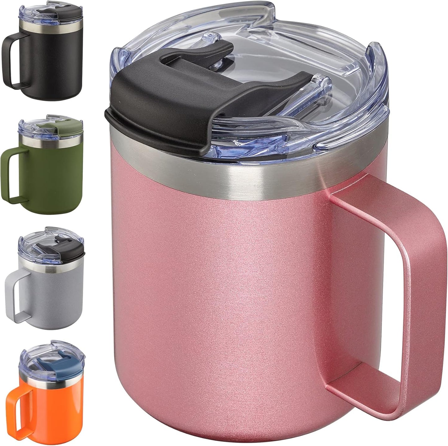 ALOUFEA 12oz Insulated Coffee Mug Cup with Handle, Stainless Steel Travel Coffee Mug with Flip Lid, Double Wall Vacuum Coffee Tumbler, Rose Gold