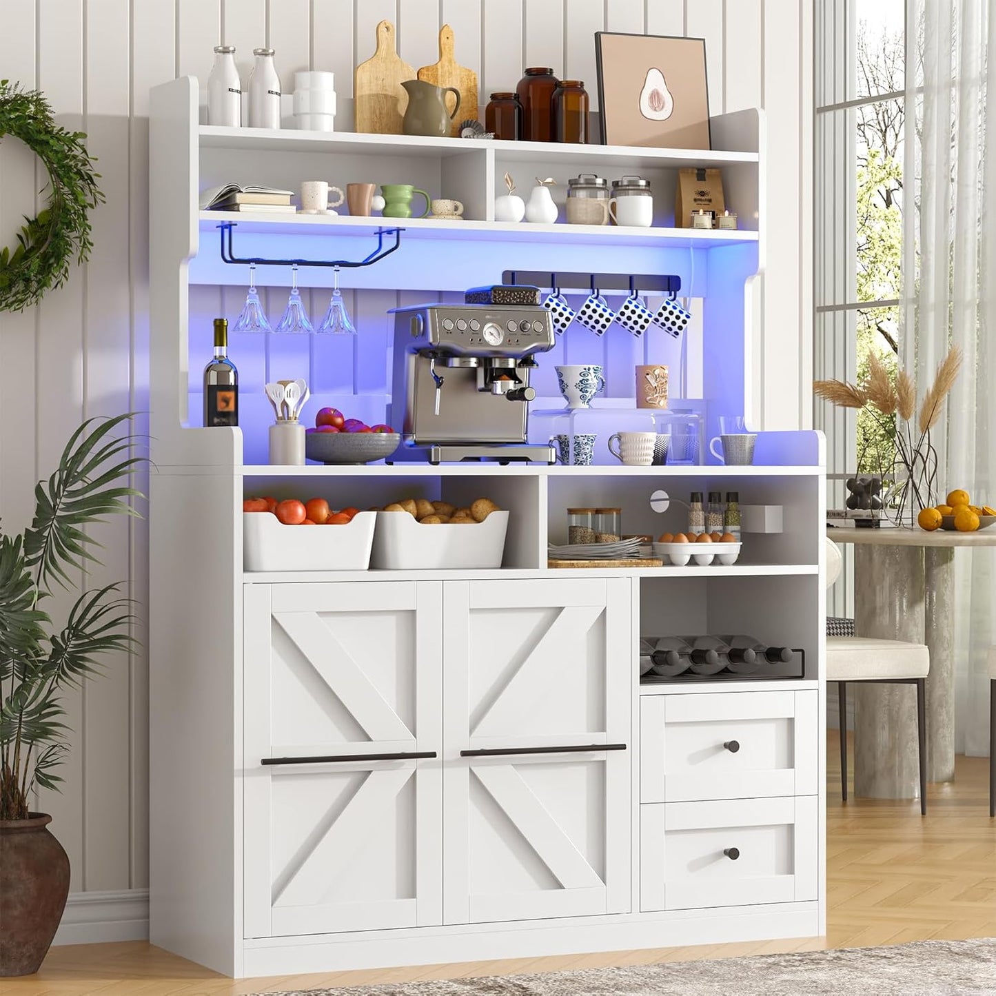 Hutch Storage Buffet Cabinet with Drawers, and Charging Station, Coffee Bar Cabinet with Barn Doors, Wine Rack and Hooks, White Wood Sideboard Buffet for Kitchen, Dining Room, 54.5" High