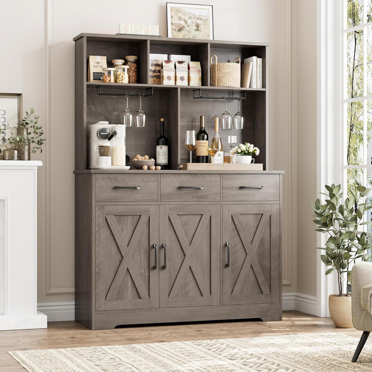 HOSTACK Buffet Cabinet with Hutch, Modern Farmhouse Kitchen Buffet Sideboard Storage with 3 Drawers, Barn Door Coffee Bar Station, Liquor Cabinet for Dining Room, Living Room, Ash Grey