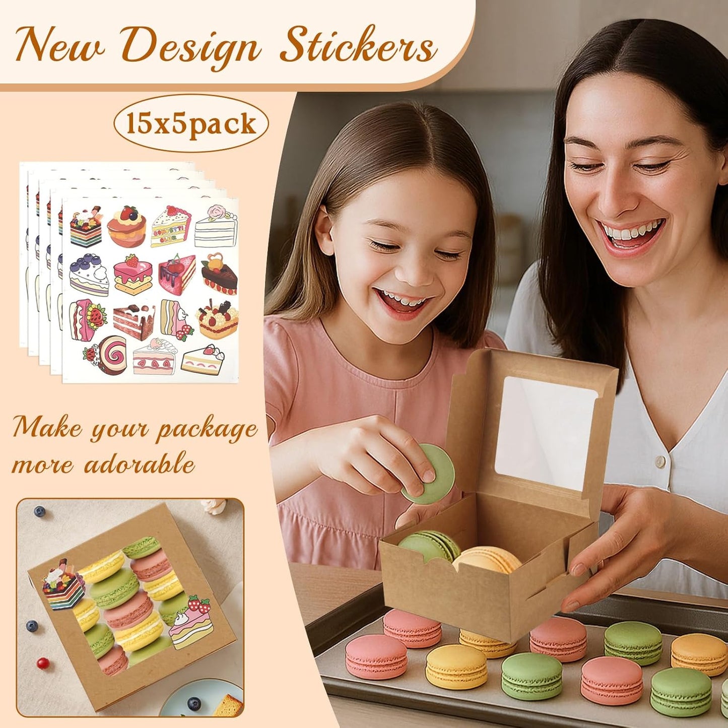 OAMCEG 50 Pack Cookie Boxes with Window, 6x6x3 Inches Brown Bakery Treat Boxes with Stickers & Twine for Pastry, Desserts, Strawberries, Cupcakes, Gift Giving