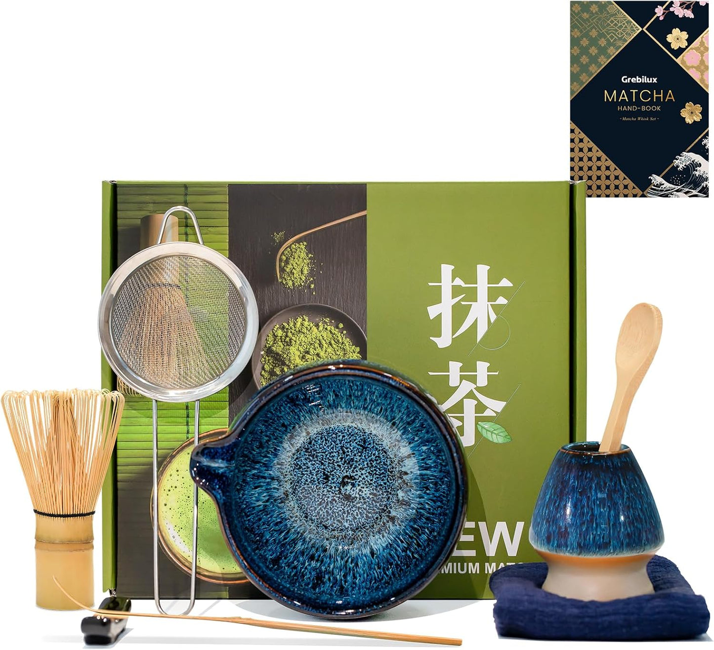 Matcha Whisk Set, Ceramic Matcha Set Includes Matcha Bowl, Matcha Whisk & Holder, Scoop, Sifter, Spoon, Scoop Rest, Tea Mat, User Manual - 9 Pcs Matcha Kit for Matcha Lovers (Blue)