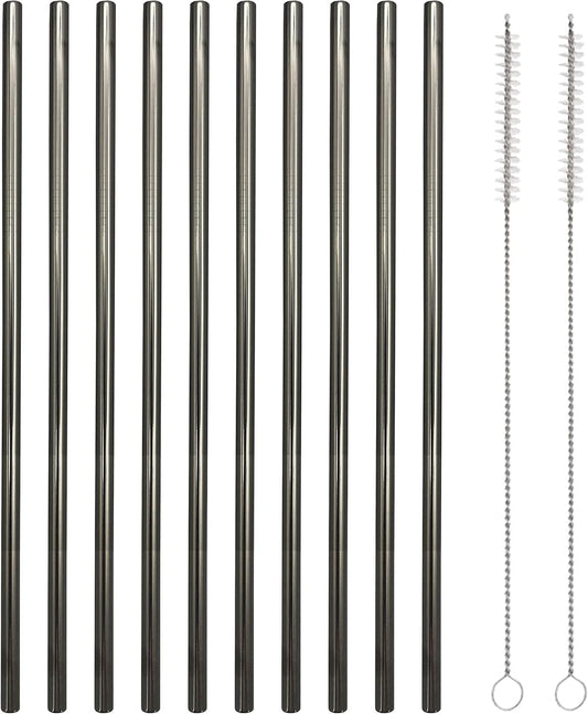 10 Pcs Stainless Steel Straws, Reusable Drinking Straws, Straight Metal Straw Sets with 2 Pcs Cleaning Brushes (10.5 Inch, Black)