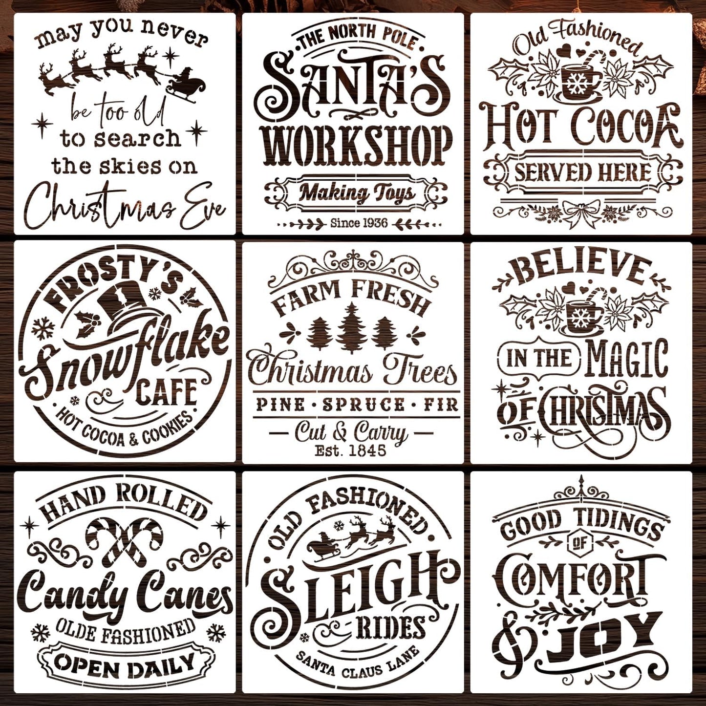 Christmas Stencils for Painting 12" Large Farmhouse Christmas Stencils for Crafts Reusable Santa Hot Coca Candy Cane Holiday Drawing Templates for Wood Fabrics Porch Hanger Winter Decor(XMS Rustic 9p)