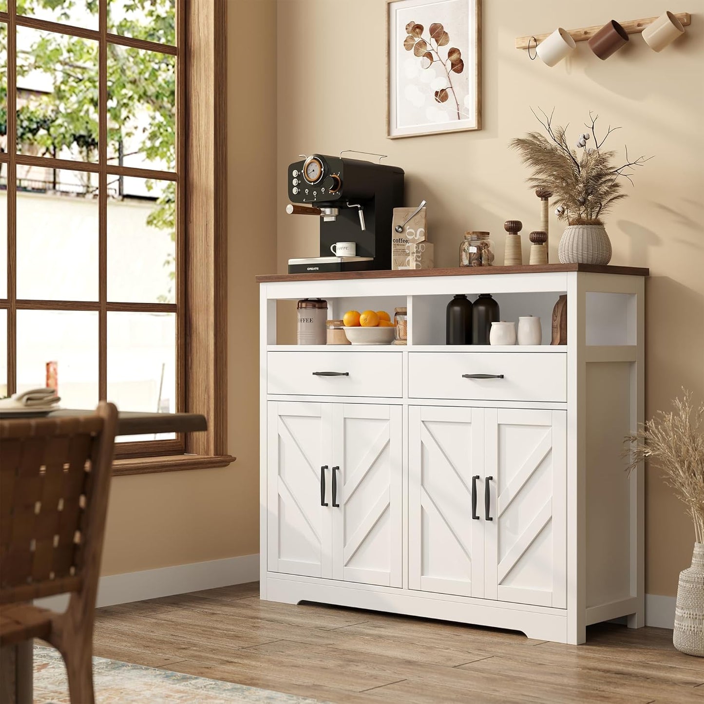 Buffet Sideboard with Storage Farmhouse with 4 Doors, 47'' Large Kitchen Storage Cabinet Wood Coffee Bar Cabinet Buffet Table with Shelves for Kitchen, Dining Room, Entryway