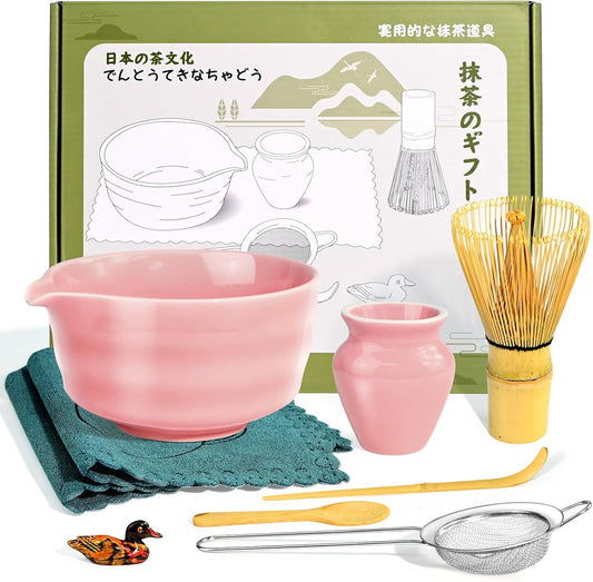 Matcha Set, 9 Pcs Japanese Matcha Whisk Set Matcha Tea Set for Traditional Tea Ceremony, Ceramic Matcha Kit for Matcha Drinks Matcha Set Whisk and Bowl Gift for Starters & Matcha Lover, Pink