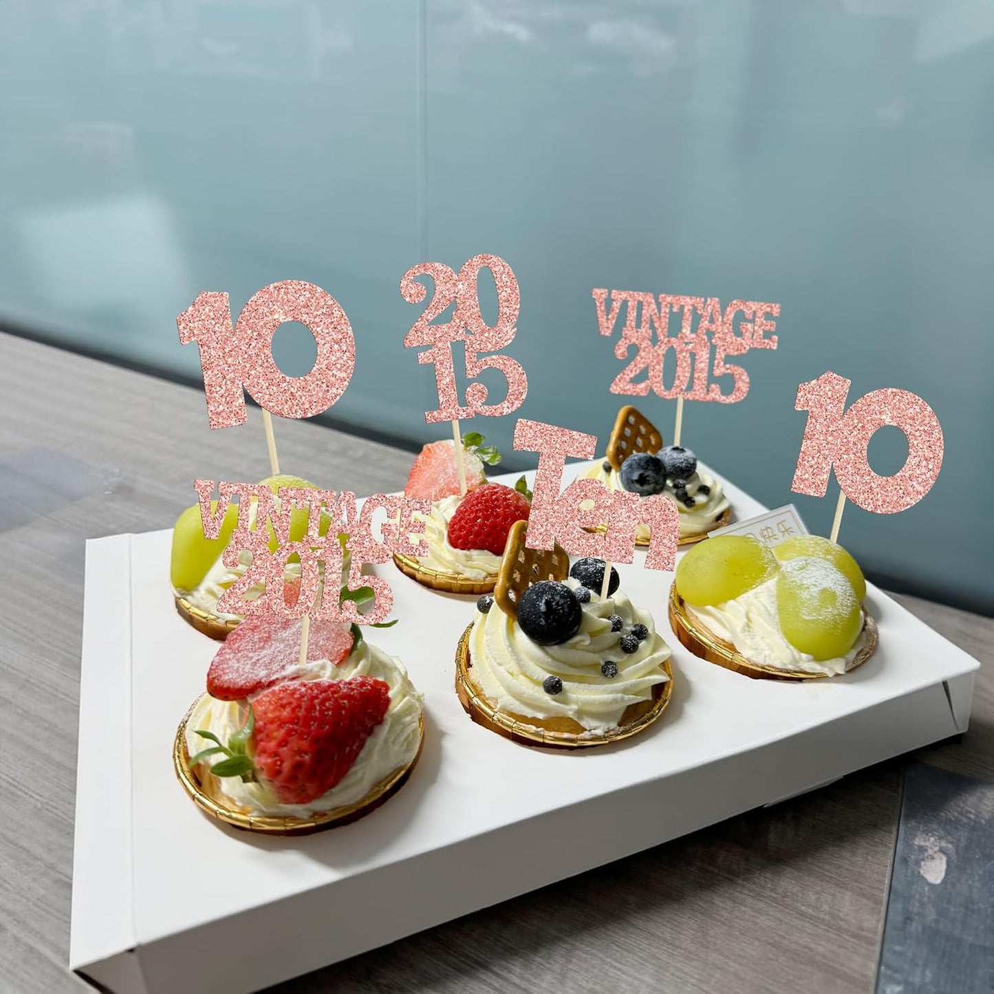 Gyufise 24Pcs 10th Birthday Cupcake Toppers Glitter Ten Vintage 2015 Hello 10 Years Birthday 10 Cupcake Picks Double Digits Cake Decoration for Happy 10th Anniversary Party Supplies Rose Gold