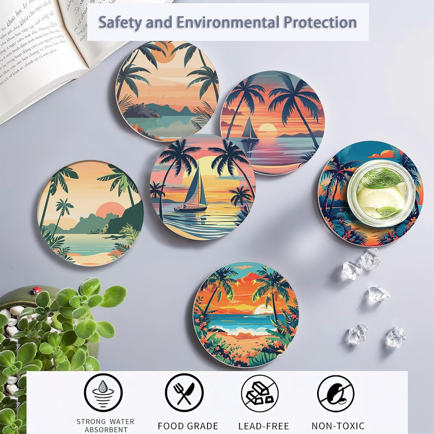 Drink Coasters Set of 6 with Holder, Palm Trees Beach Sunset Absorbent Ceramic Drink Coaster for Tabletop Protection,Suitable for Kinds of Cups,Drinks Coasters for Home Office Decoration(4 Inches)