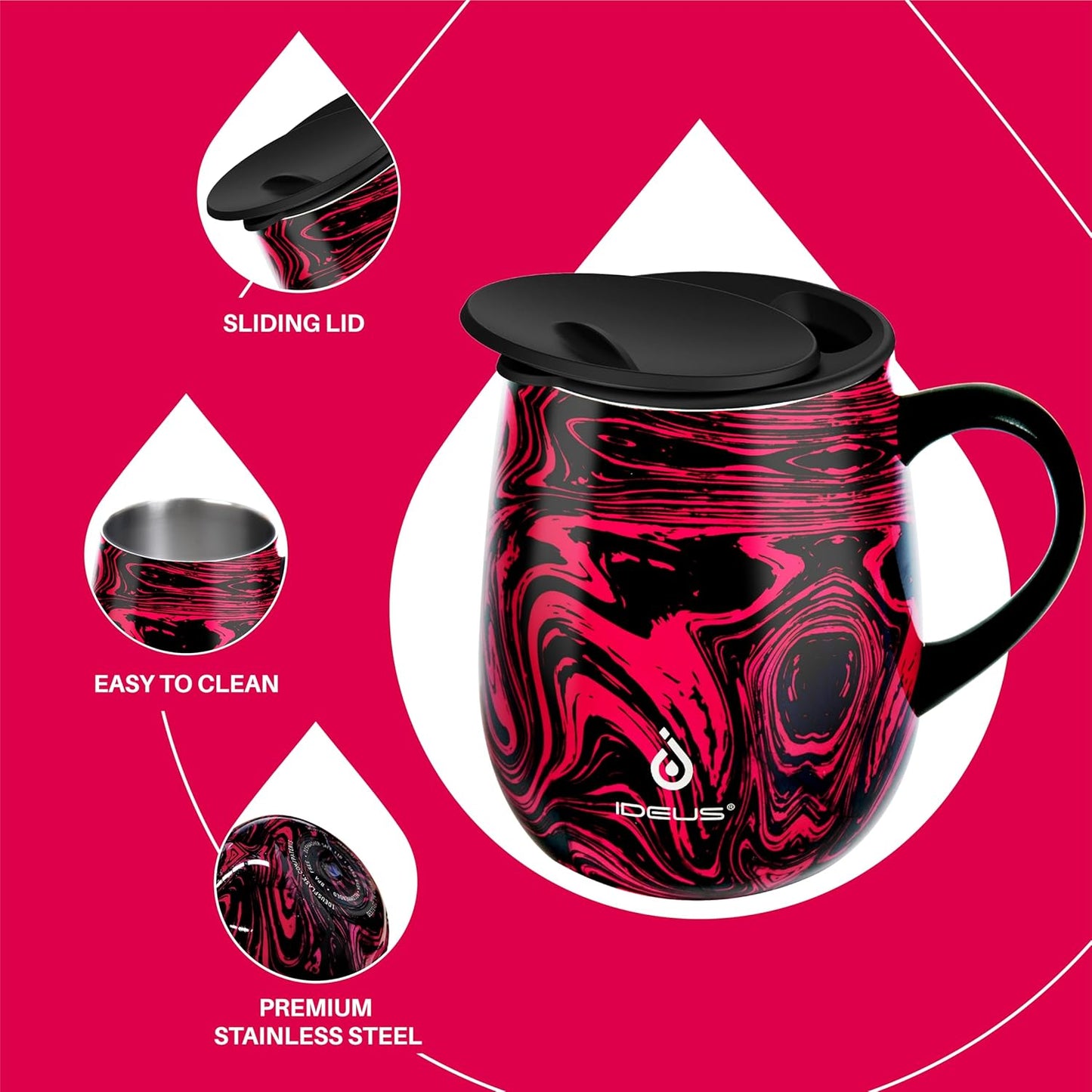 Ideus 16 oz (470 ml) Insulated Coffee Mug with Handle and Lid, Double Wall Stainless Steel Vacuum Thermal Coffee Mug, Travel Coffee Cup Thermal Cup for Home and Office (Red Zebra)