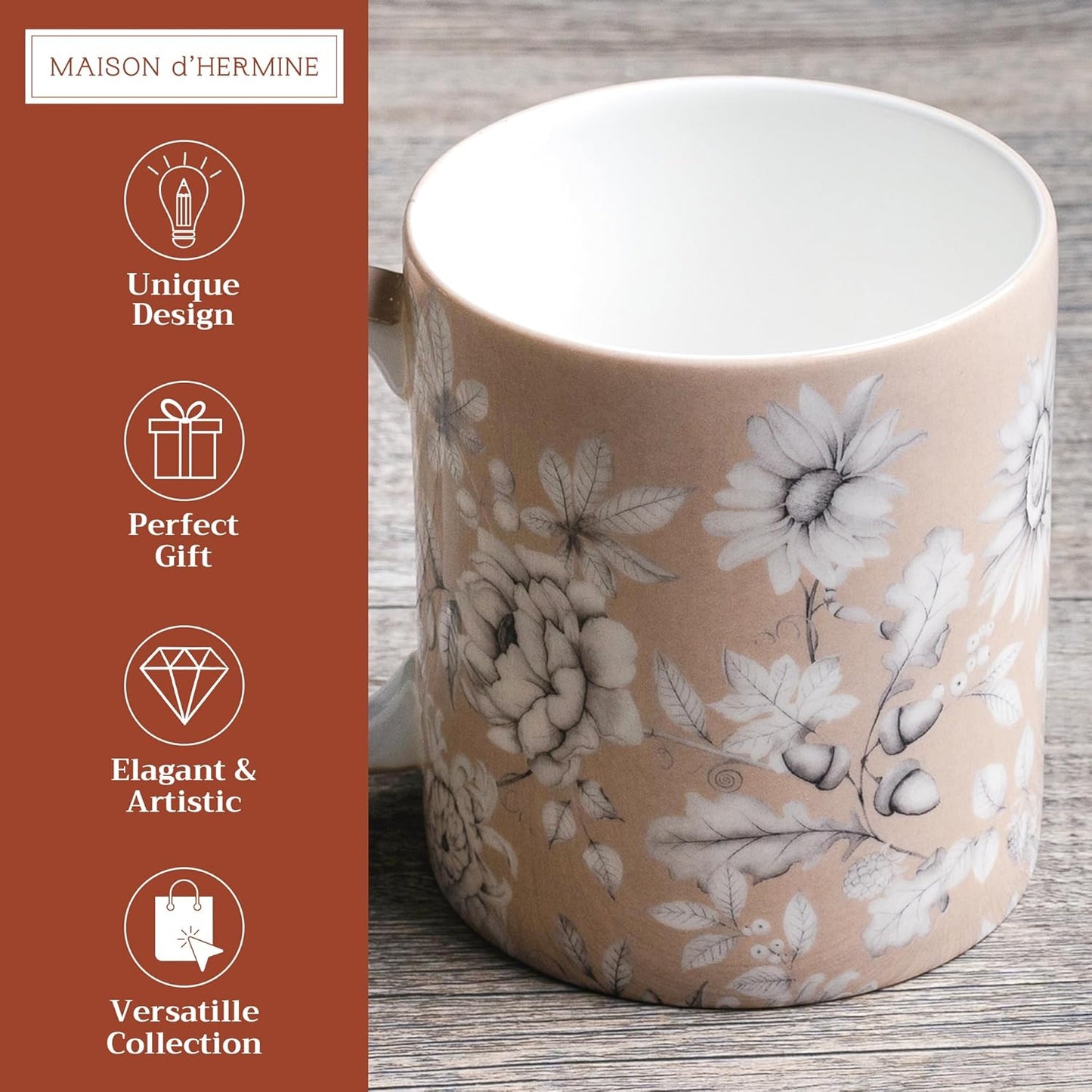 Maison d' Hermine Coffee Mug with Handles Fine Bone China Mugs Pack of One Tea Cups for Hot Beverages Cappuccino Latte Home Restaurant Office Perfect for Gift (Pretty Autumn - Mono Autumn, 15 Ounce)
