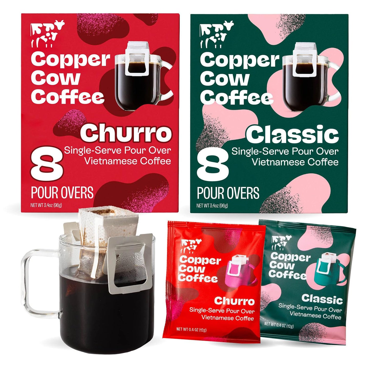 Copper Cow Premium Pour Over Single-Serve Vietnamese Coffee | Classic Black, Churro | Dark Roast | Includes 16 Coffees