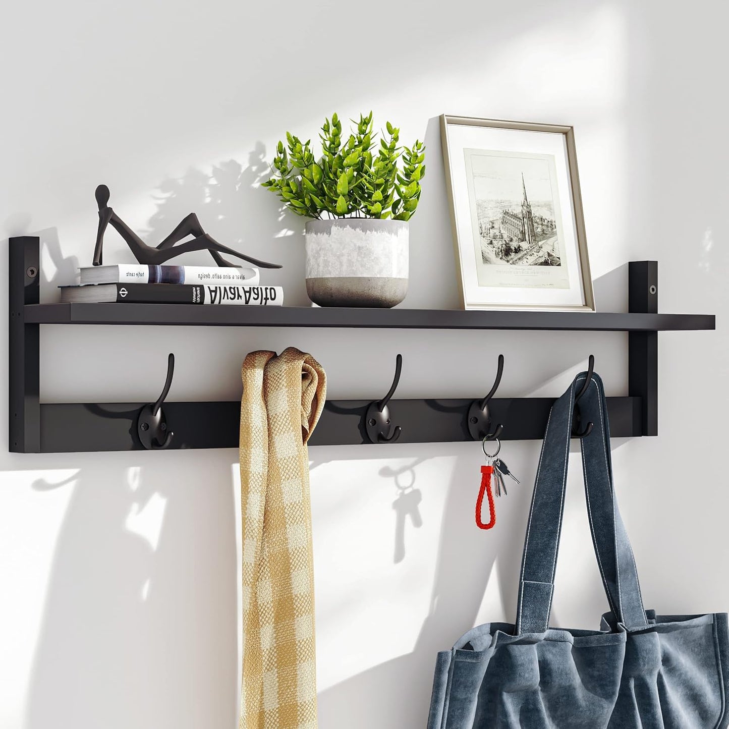 BAMEOS Wall-Mounted Shelf with Hooks - 28.9 Inch Entryway Hanging Shelf with 5 Dual Hooks for Bathroom, Living Room, Bedroom (Black)