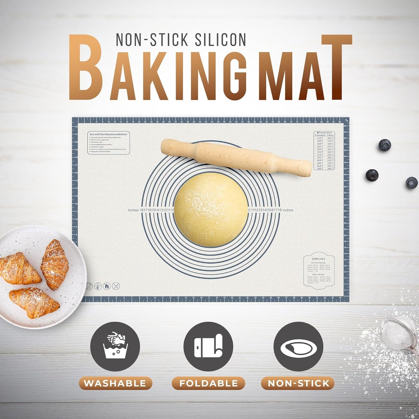 26 * 16 inches Grey, Non-Slip Silicone Baking Sheets - Baking Mat with 0.7mm Thickness - Non-Stick Pastry & Cookie Mat for Kitchen Counter for Rolling Out Dough with Measurements.