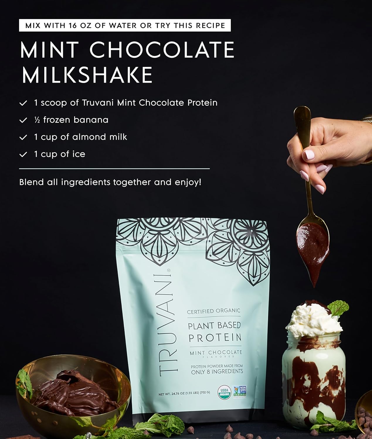 Truvani Vegan Pea Protein Powder | Mint Chocolate | 20g Organic Plant Based Protein | 1 Serving | Keto | Gluten & Dairy Free | Low Carb | No Added Sugar